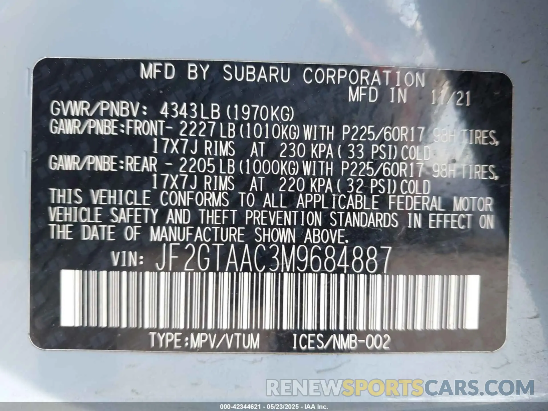 9 fotografías del automóvil dañado JF2GTAAC3M9684887 SUBARU CROSSTREK 2021