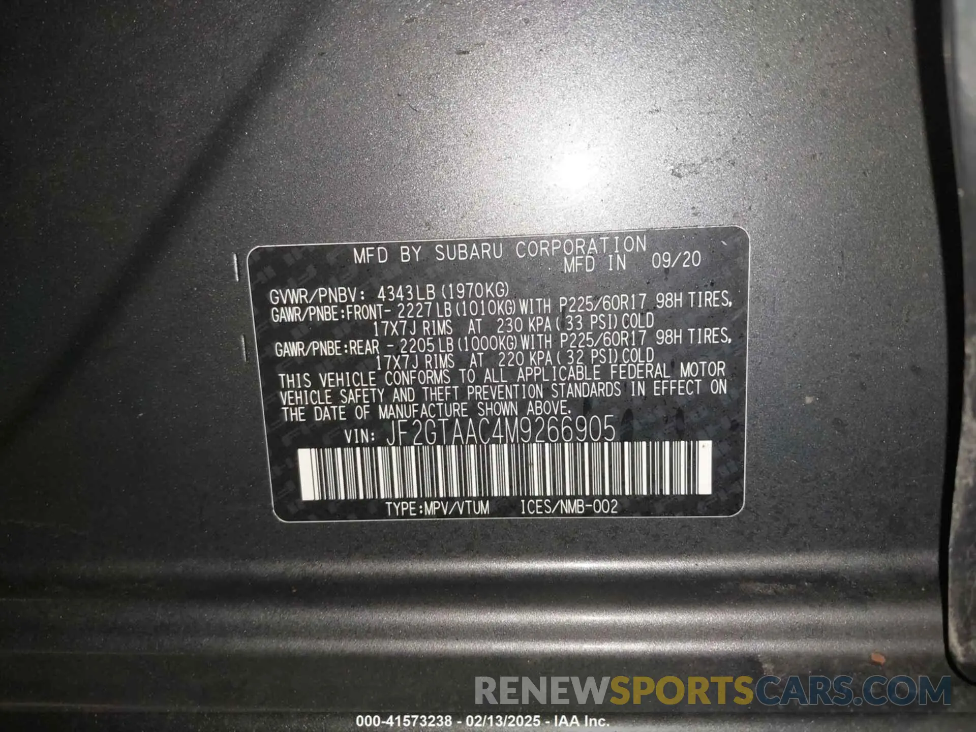 9 fotografías del automóvil dañado JF2GTAAC4M9266905 SUBARU CROSSTREK 2021