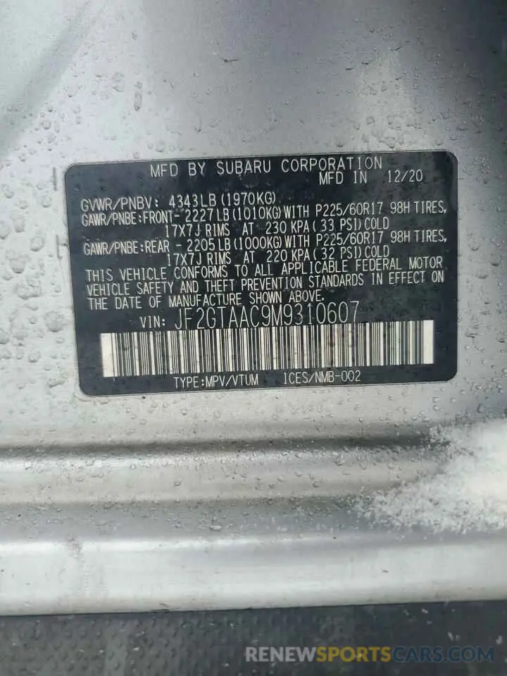 14 fotografías del automóvil dañado JF2GTAAC9M9310607 SUBARU CROSSTREK 2021