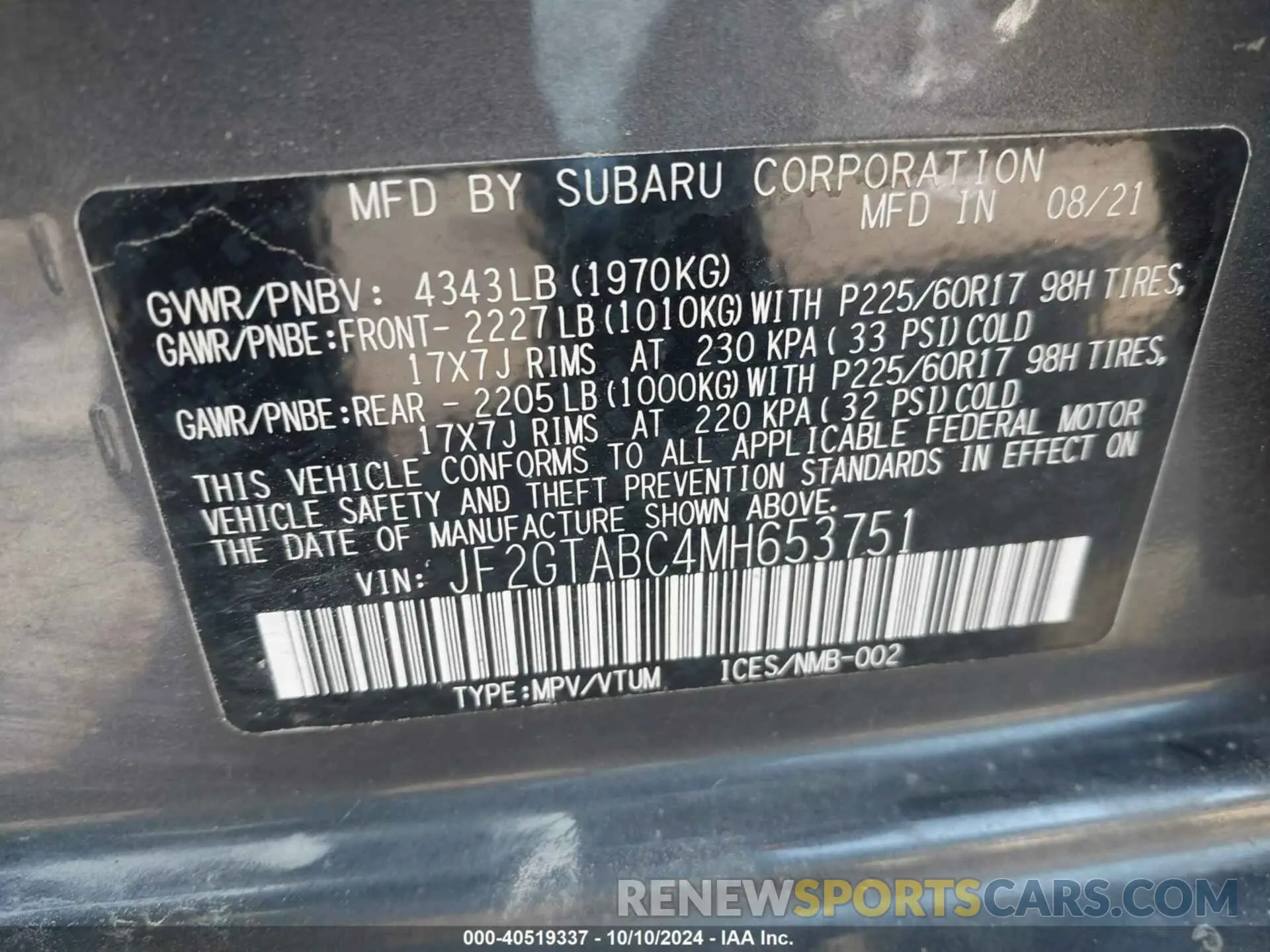 9 fotografías del automóvil dañado JF2GTABC4MH653751 SUBARU CROSSTREK 2021