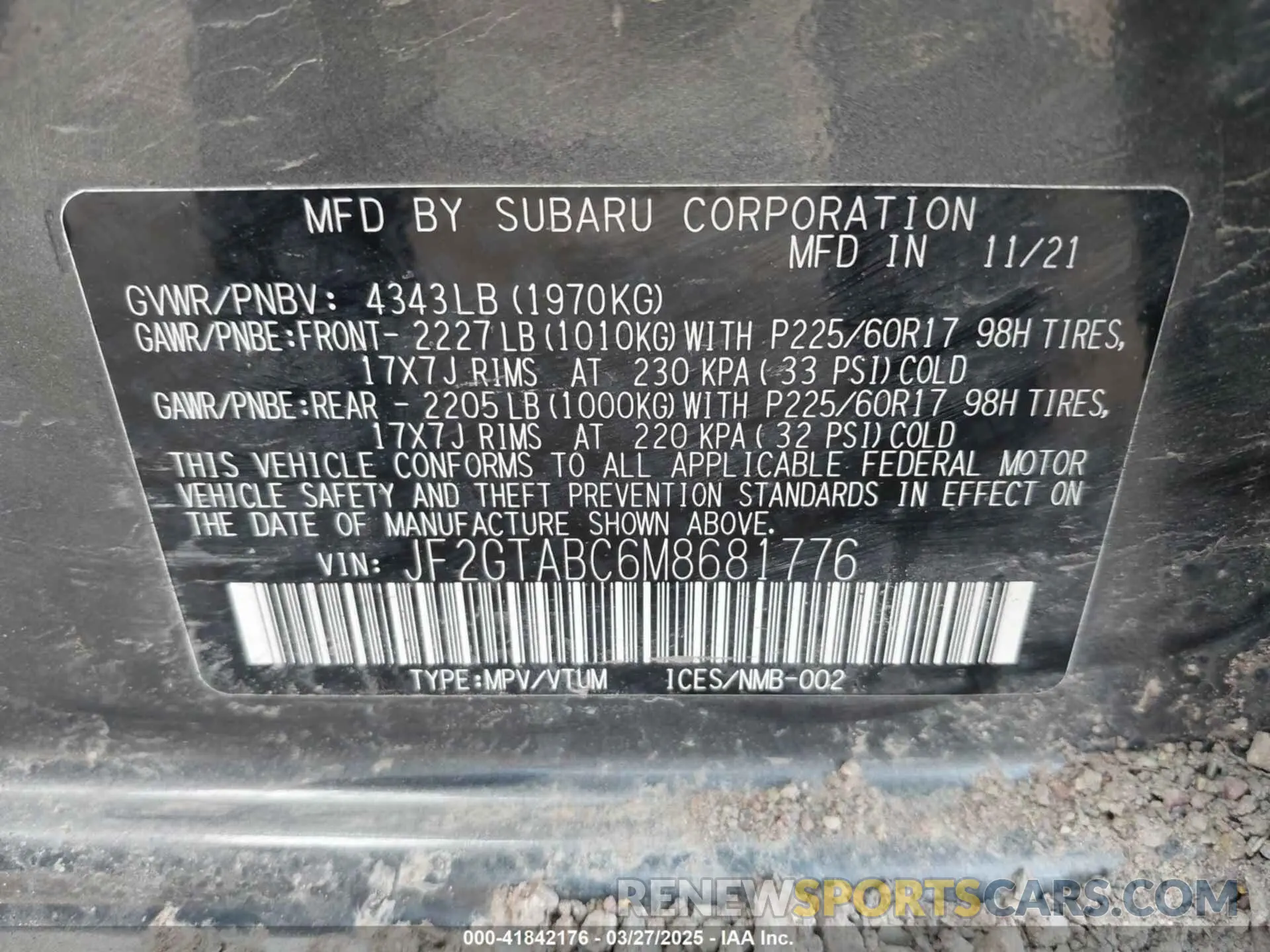 9 fotografías del automóvil dañado JF2GTABC6M8681776 SUBARU CROSSTREK 2021