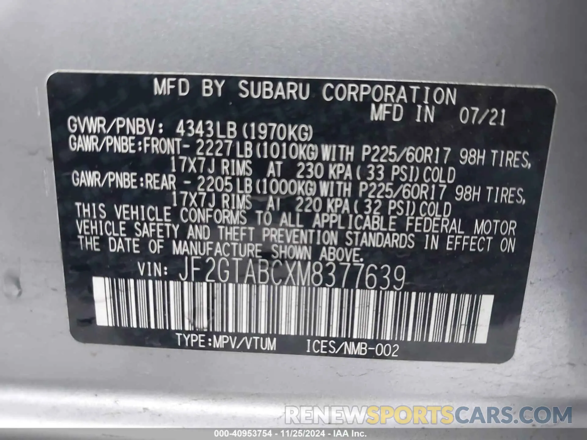 9 fotografías del automóvil dañado JF2GTABCXM8377639 SUBARU CROSSTREK 2021