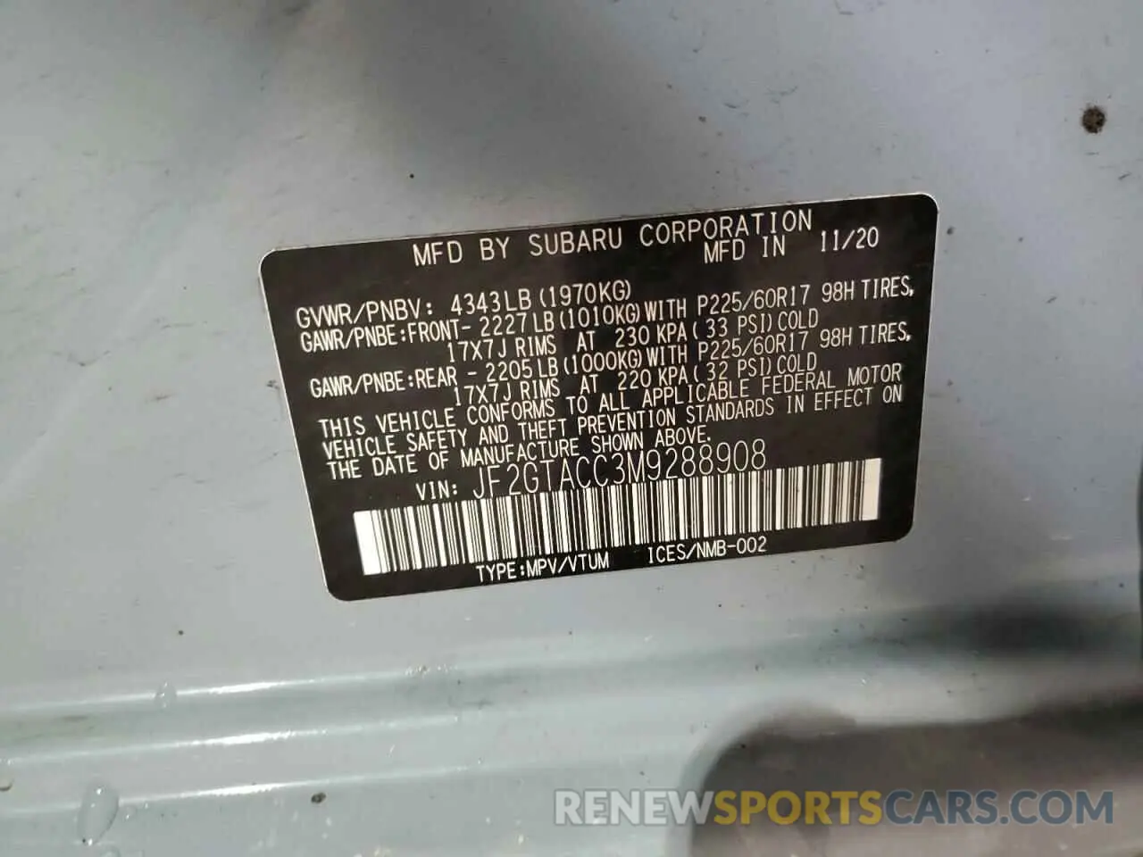 12 fotografías del automóvil dañado JF2GTACC3M9288908 SUBARU CROSSTREK 2021