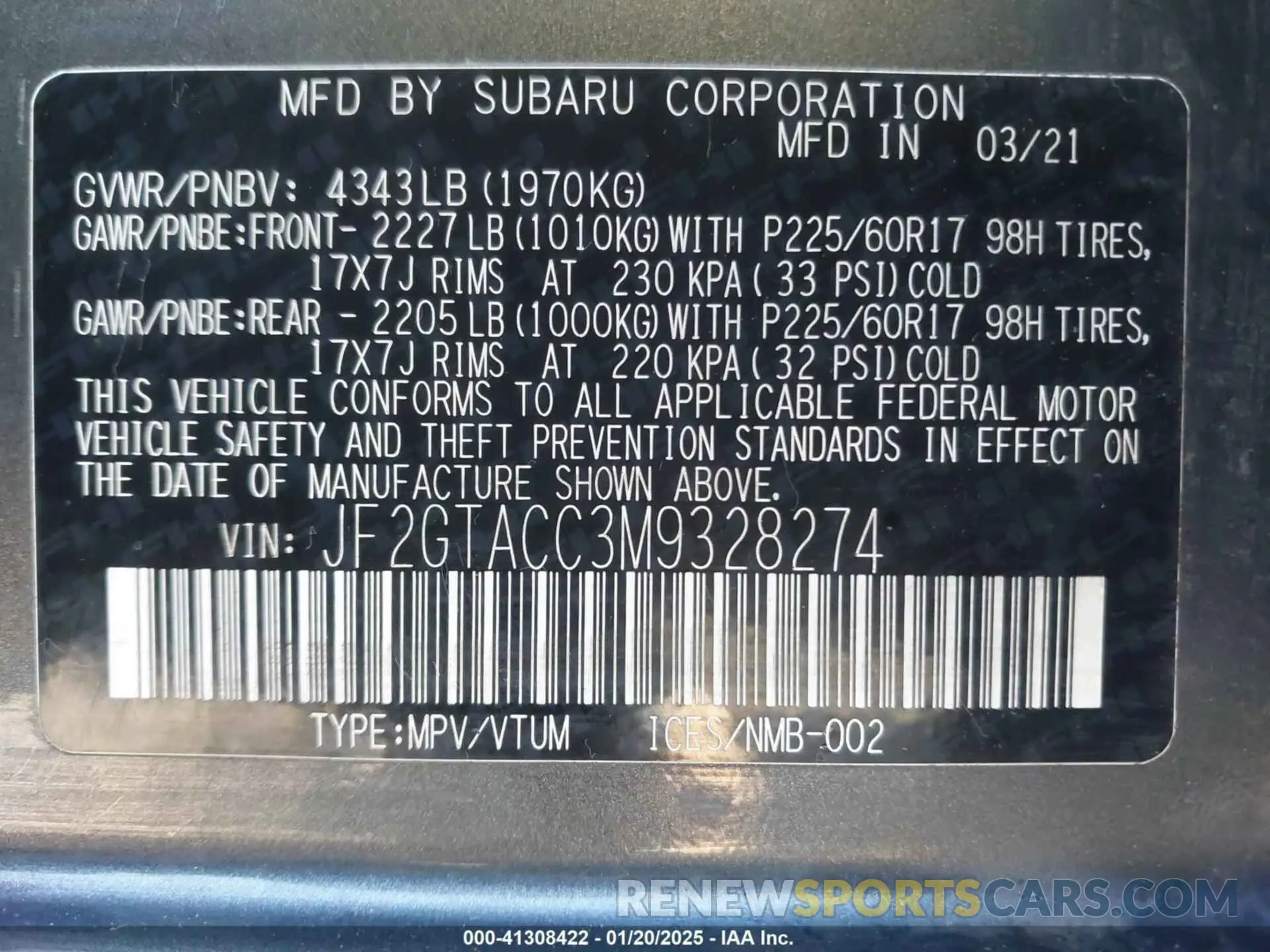 9 fotografías del automóvil dañado JF2GTACC3M9328274 SUBARU CROSSTREK 2021