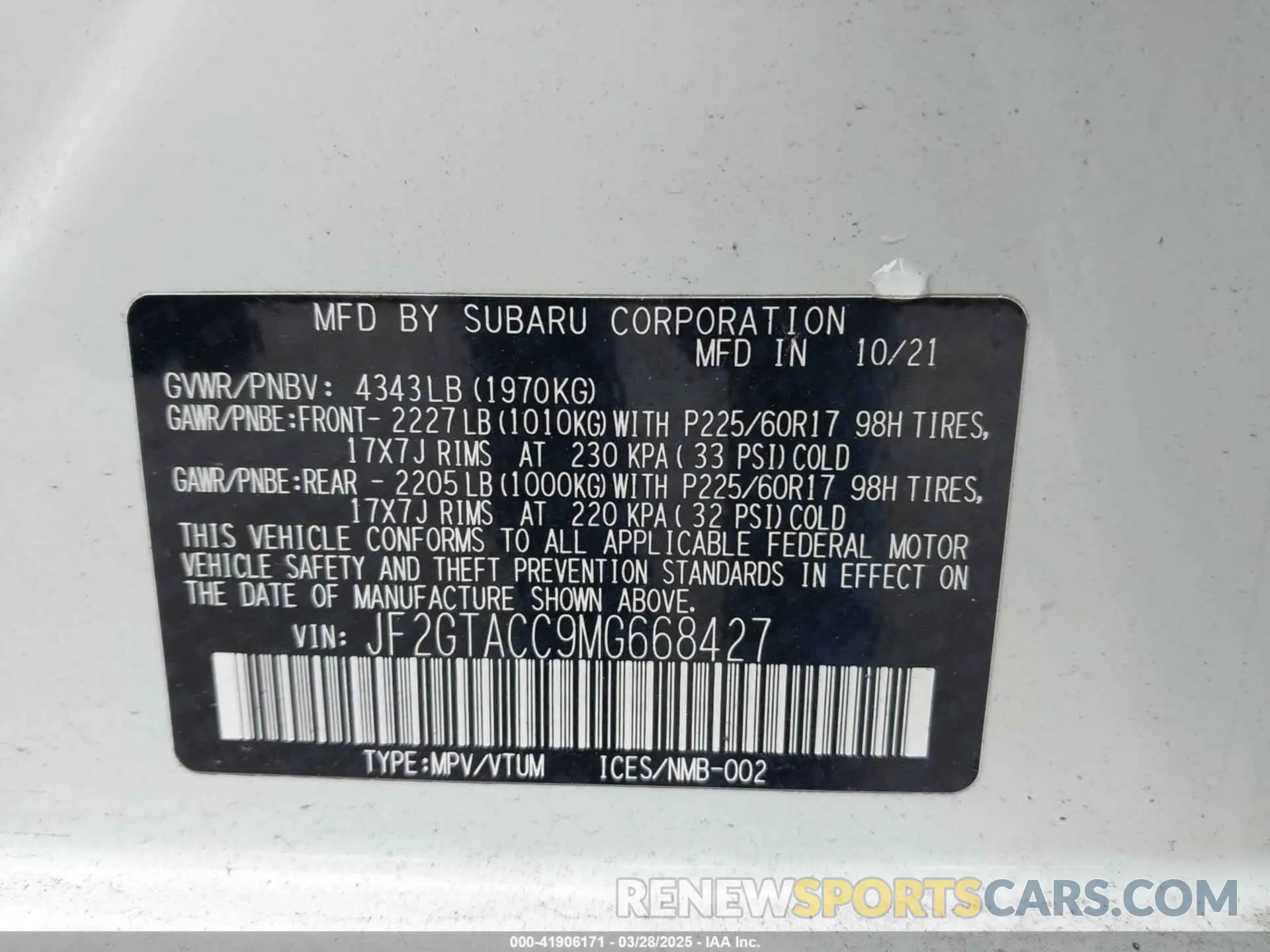 9 fotografías del automóvil dañado JF2GTACC9MG668427 SUBARU CROSSTREK 2021