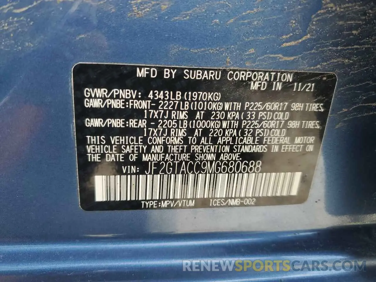 12 fotografías del automóvil dañado JF2GTACC9MG680688 SUBARU CROSSTREK 2021