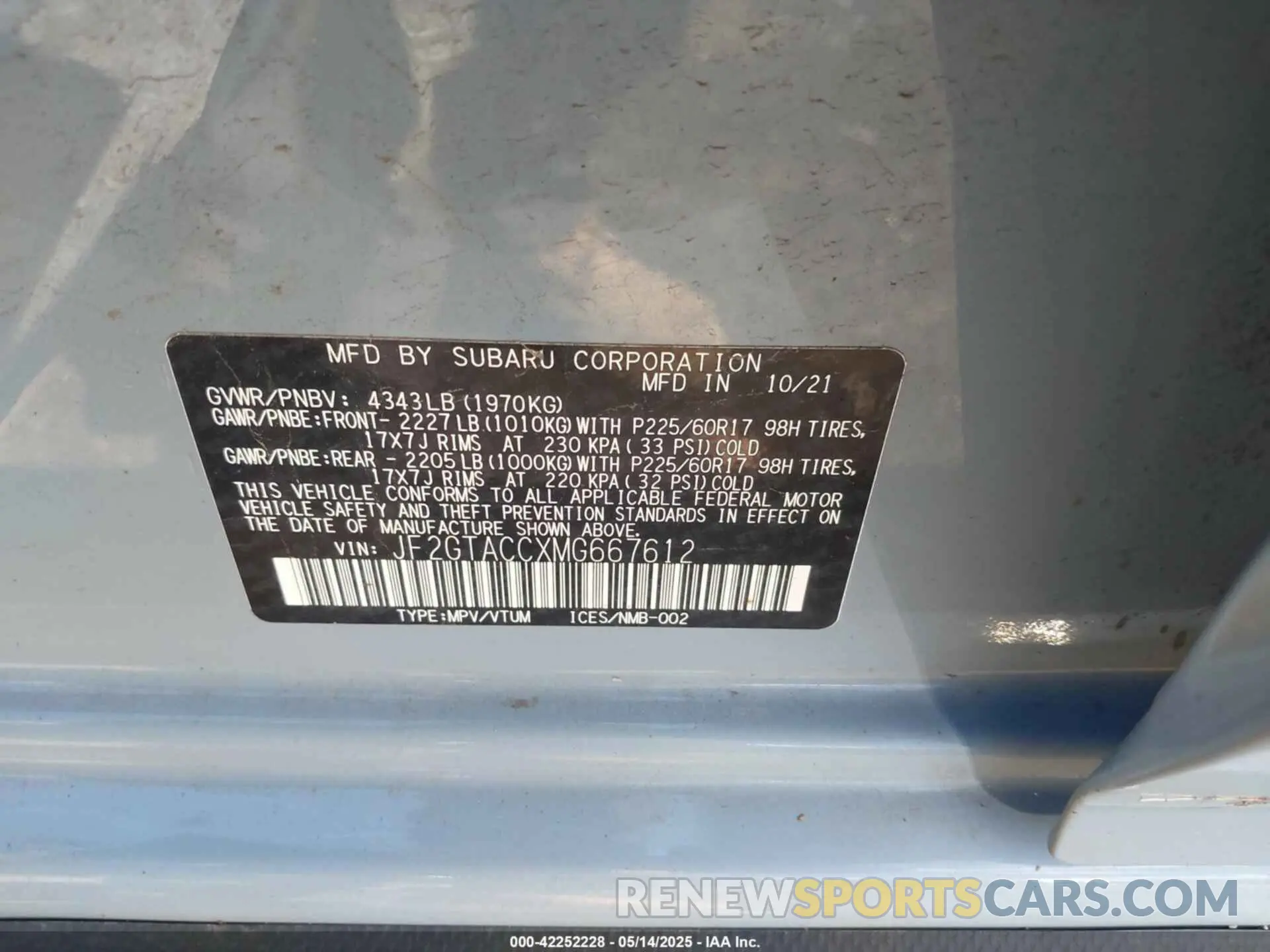 9 fotografías del automóvil dañado JF2GTACCXMG667612 SUBARU CROSSTREK 2021