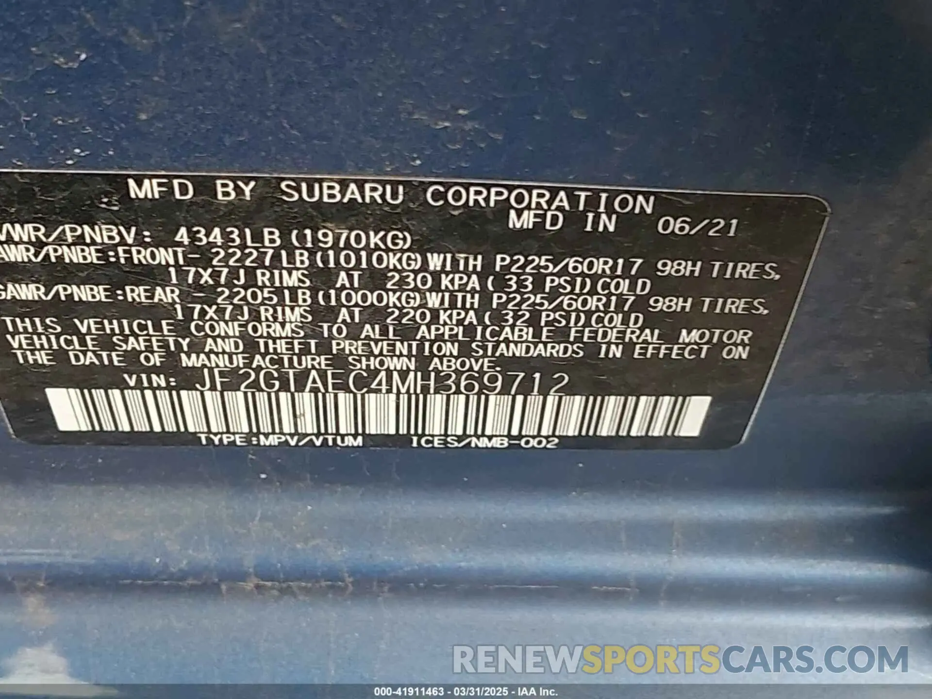 9 fotografías del automóvil dañado JF2GTAEC4MH369712 SUBARU CROSSTREK 2021