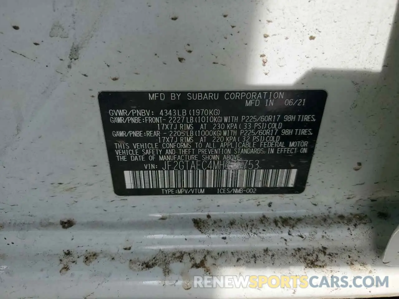 15 fotografías del automóvil dañado JF2GTAEC4MH375753 SUBARU CROSSTREK 2021