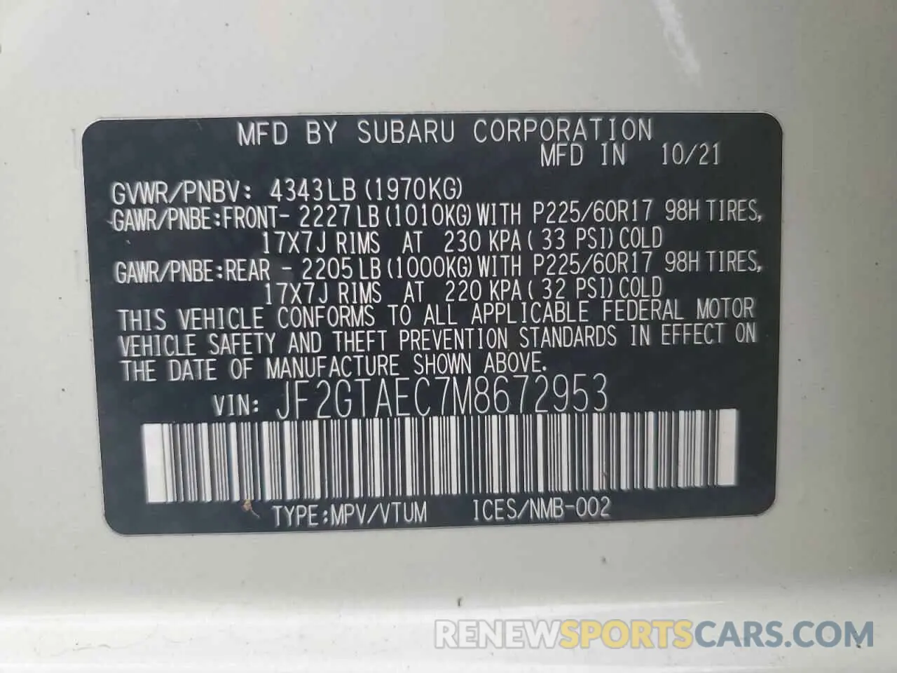 13 fotografías del automóvil dañado JF2GTAEC7M8672953 SUBARU CROSSTREK 2021