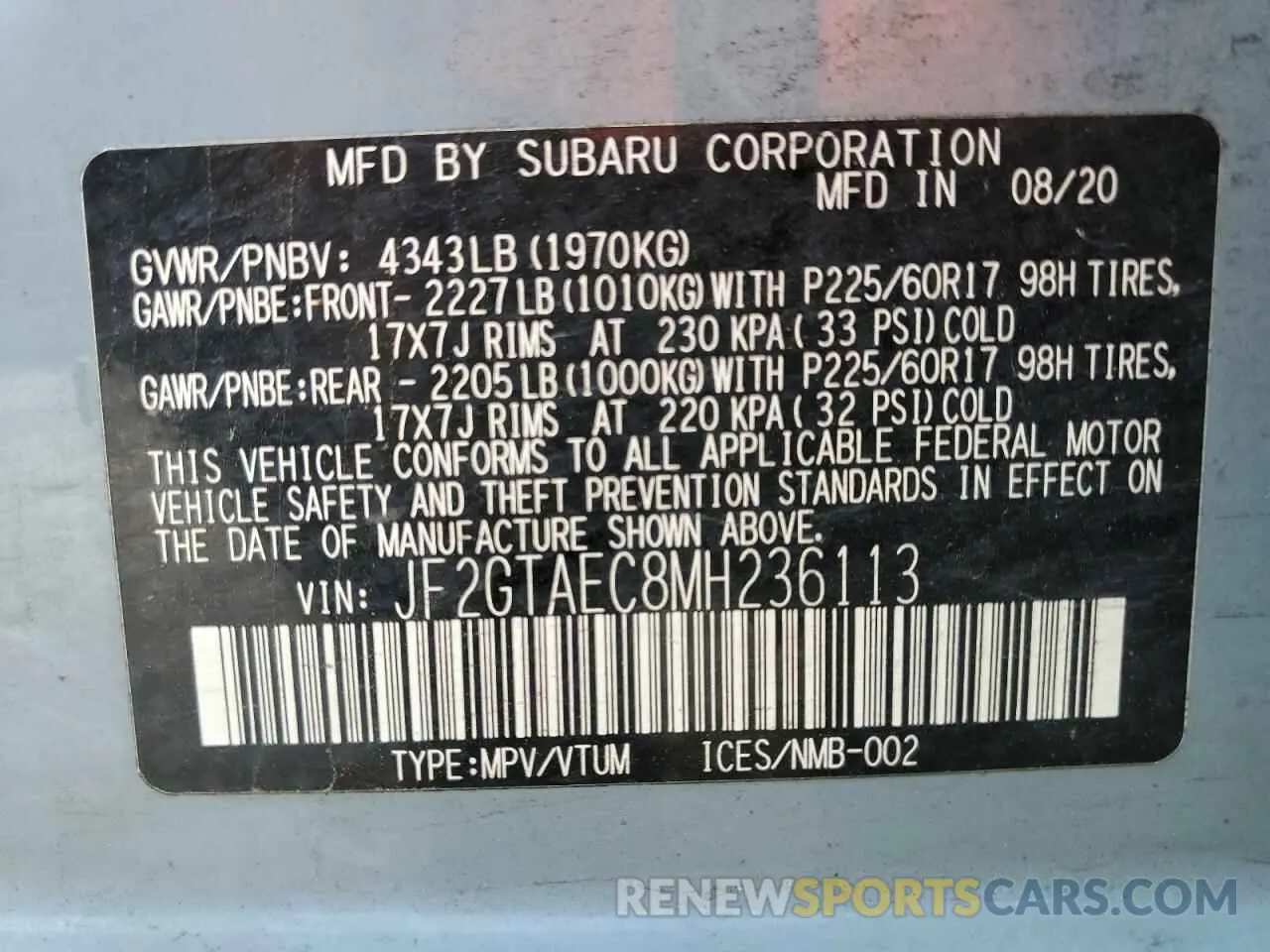 13 fotografías del automóvil dañado JF2GTAEC8MH236113 SUBARU CROSSTREK 2021