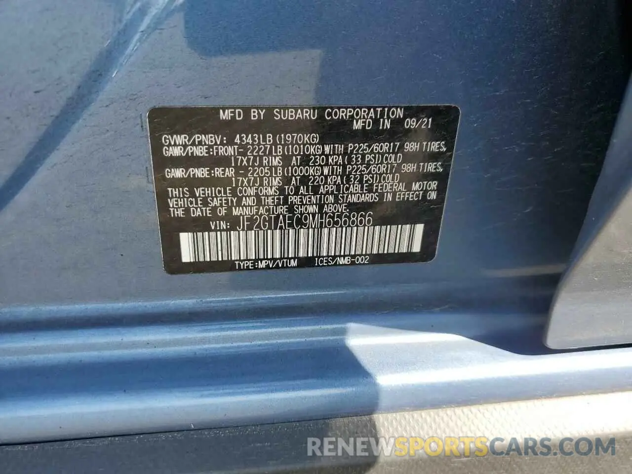 12 fotografías del automóvil dañado JF2GTAEC9MH656866 SUBARU CROSSTREK 2021