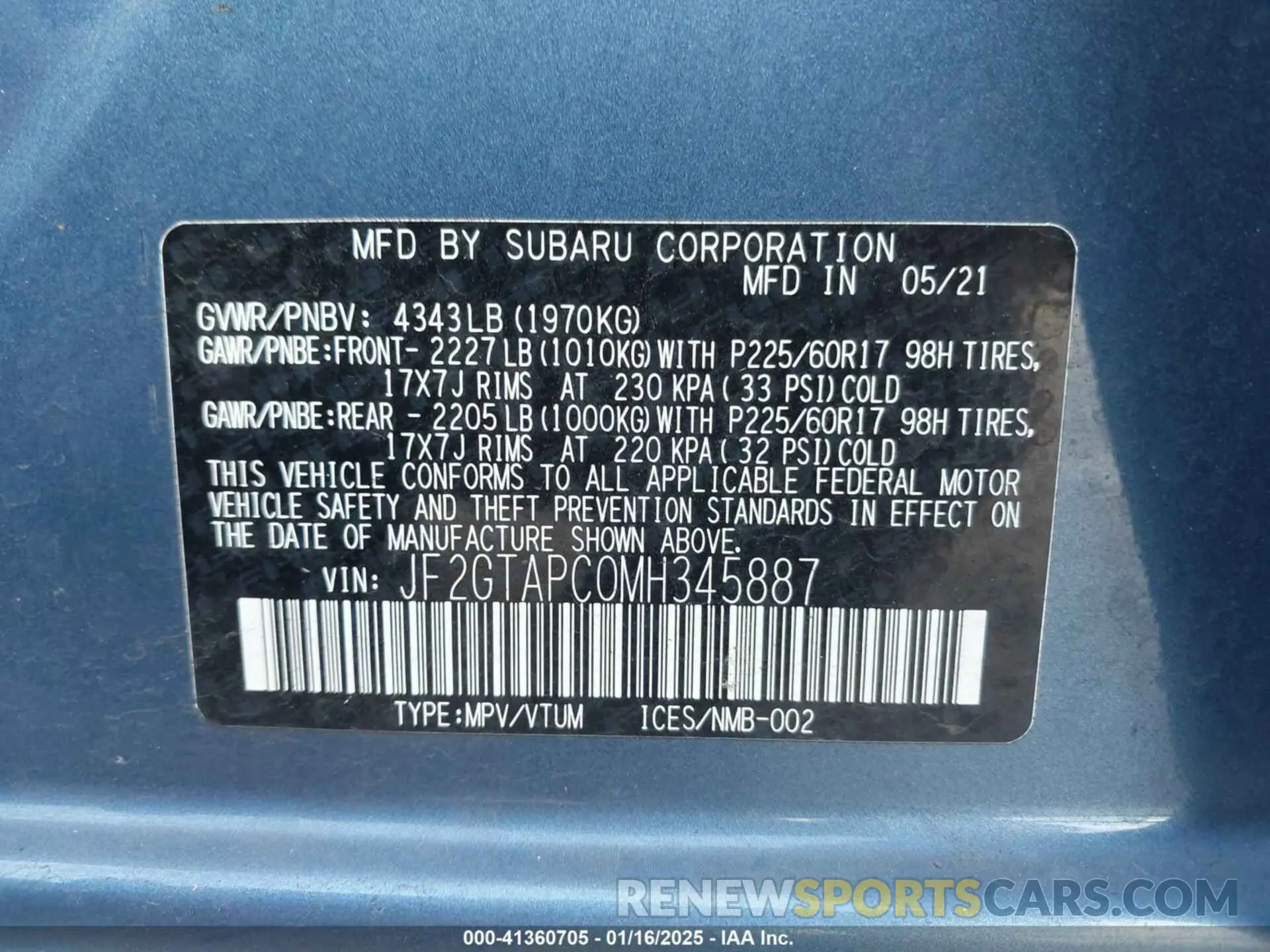 9 fotografías del automóvil dañado JF2GTAPC0MH345887 SUBARU CROSSTREK 2021