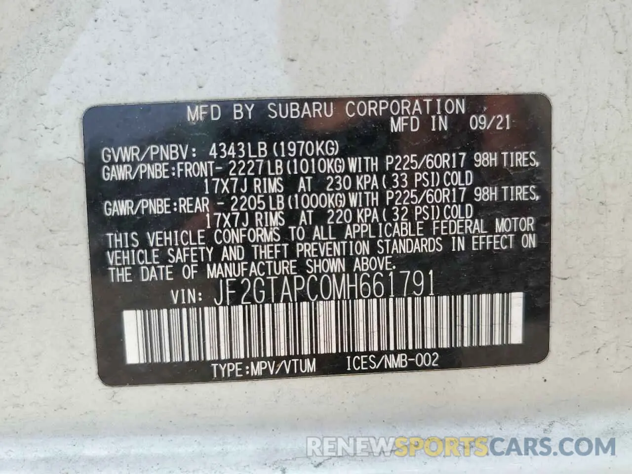 13 fotografías del automóvil dañado JF2GTAPC0MH661791 SUBARU CROSSTREK 2021