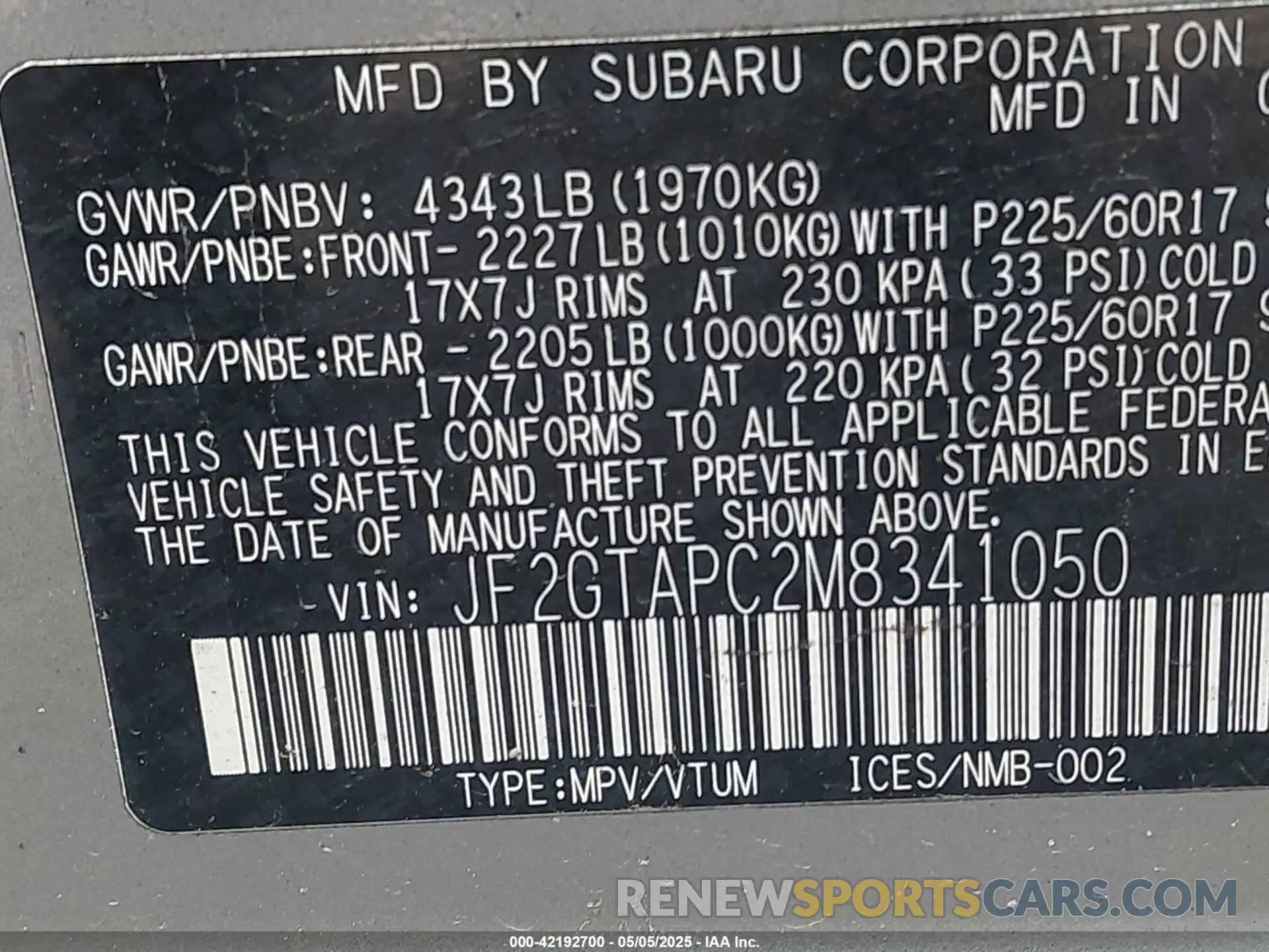 9 fotografías del automóvil dañado JF2GTAPC2M8341050 SUBARU CROSSTREK 2021