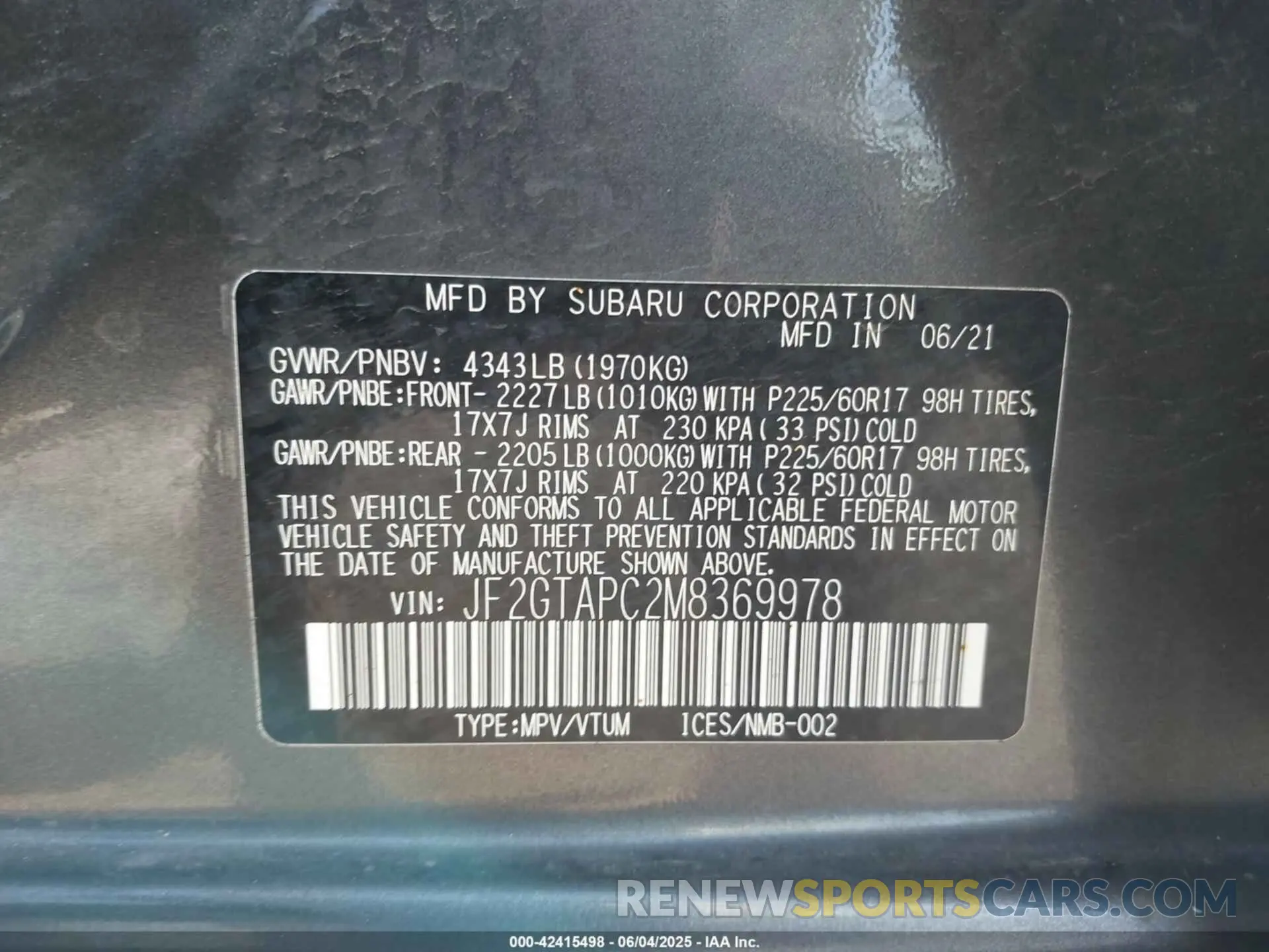 9 fotografías del automóvil dañado JF2GTAPC2M8369978 SUBARU CROSSTREK 2021