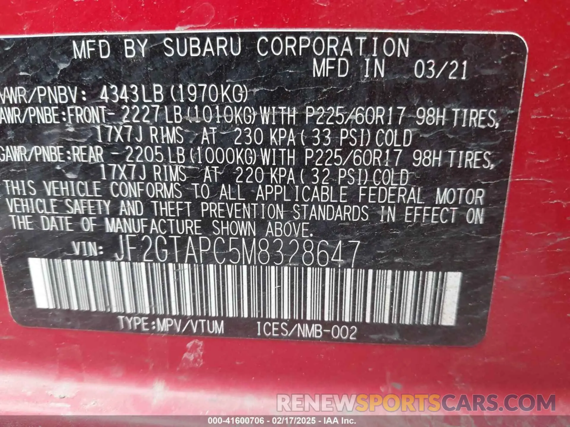 9 fotografías del automóvil dañado JF2GTAPC5M8328647 SUBARU CROSSTREK 2021