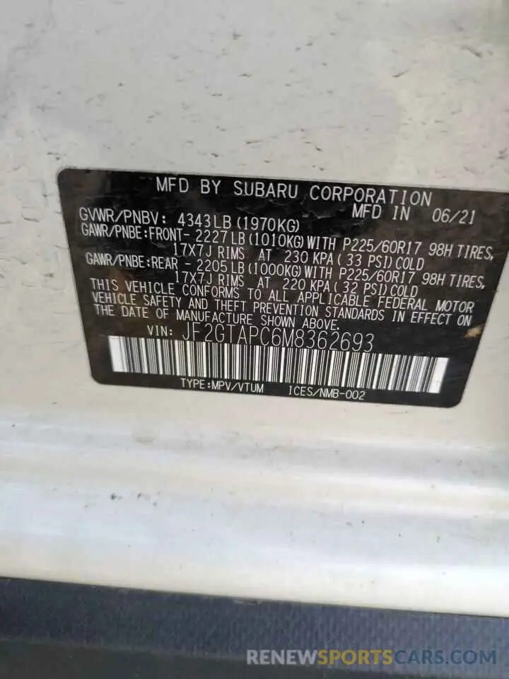12 fotografías del automóvil dañado JF2GTAPC6M8362693 SUBARU CROSSTREK 2021