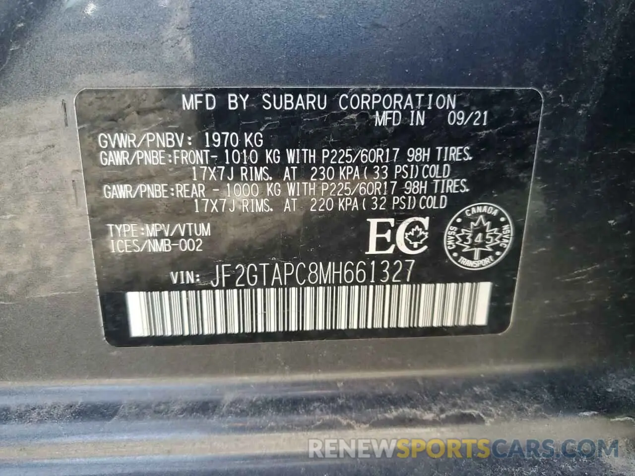 12 fotografías del automóvil dañado JF2GTAPC8MH661327 SUBARU CROSSTREK 2021