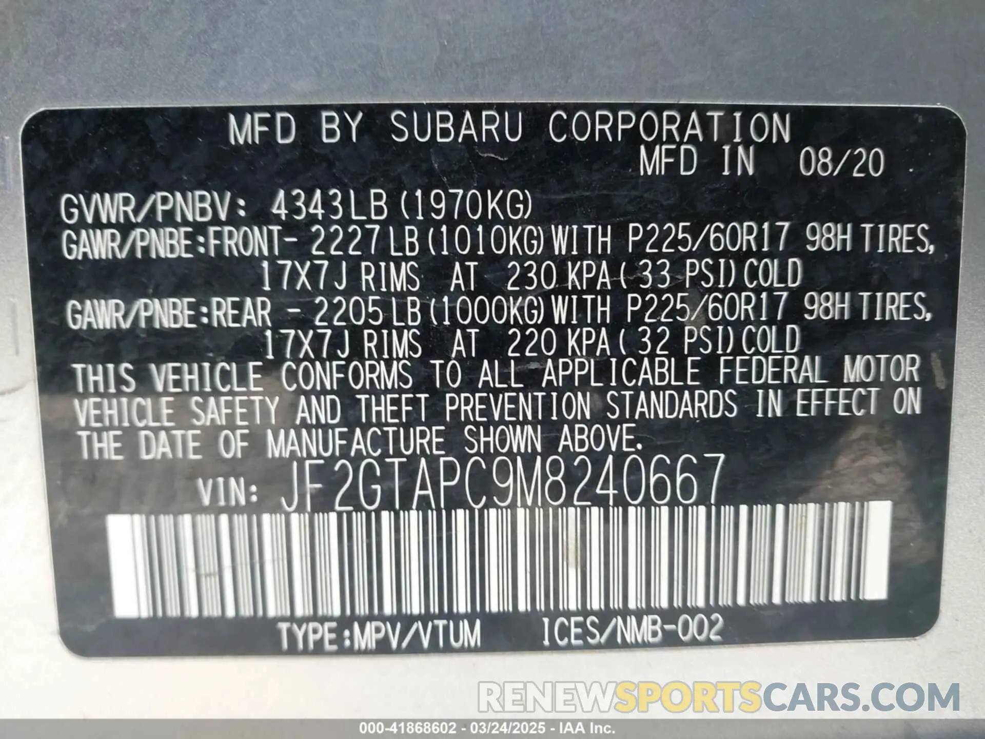 9 fotografías del automóvil dañado JF2GTAPC9M8240667 SUBARU CROSSTREK 2021
