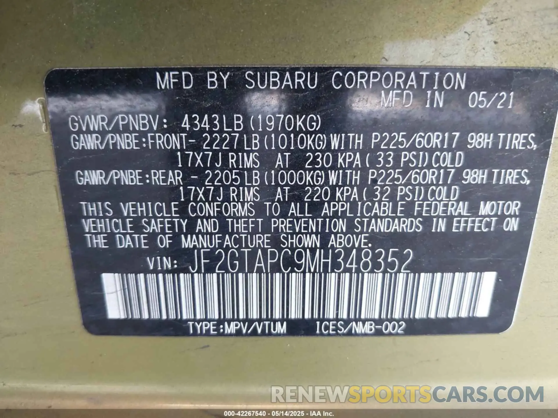 9 fotografías del automóvil dañado JF2GTAPC9MH348352 SUBARU CROSSTREK 2021