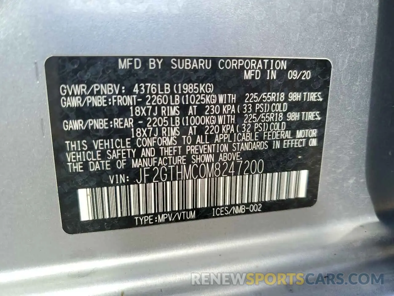 12 fotografías del automóvil dañado JF2GTHMC0M8247200 SUBARU CROSSTREK 2021