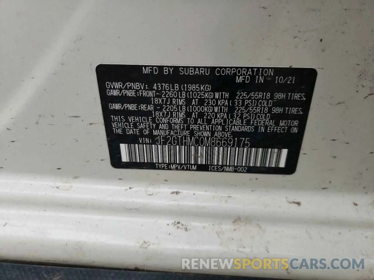 12 fotografías del automóvil dañado JF2GTHMC0M8669175 SUBARU CROSSTREK 2021