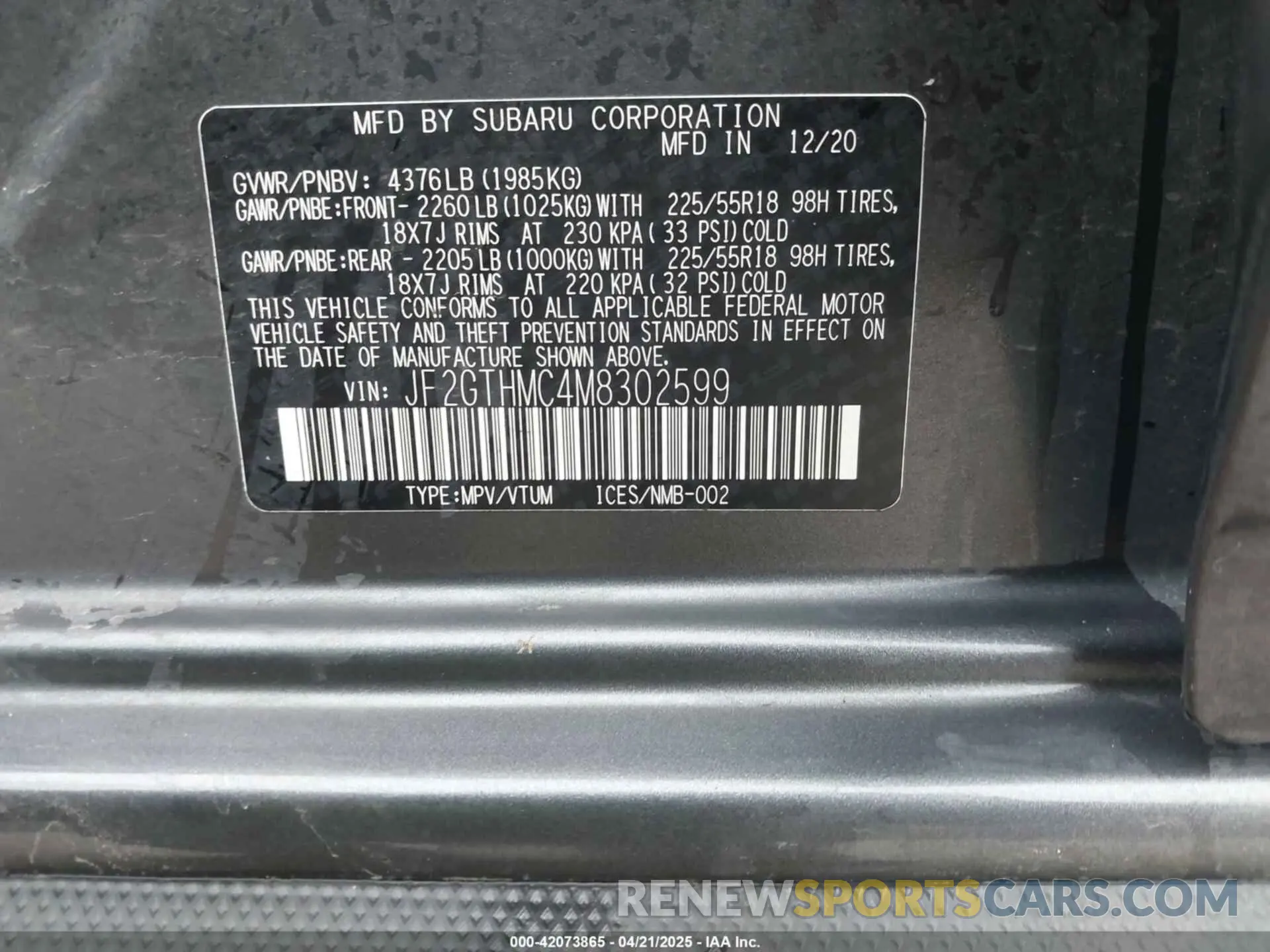 9 fotografías del automóvil dañado JF2GTHMC4M8302599 SUBARU CROSSTREK 2021