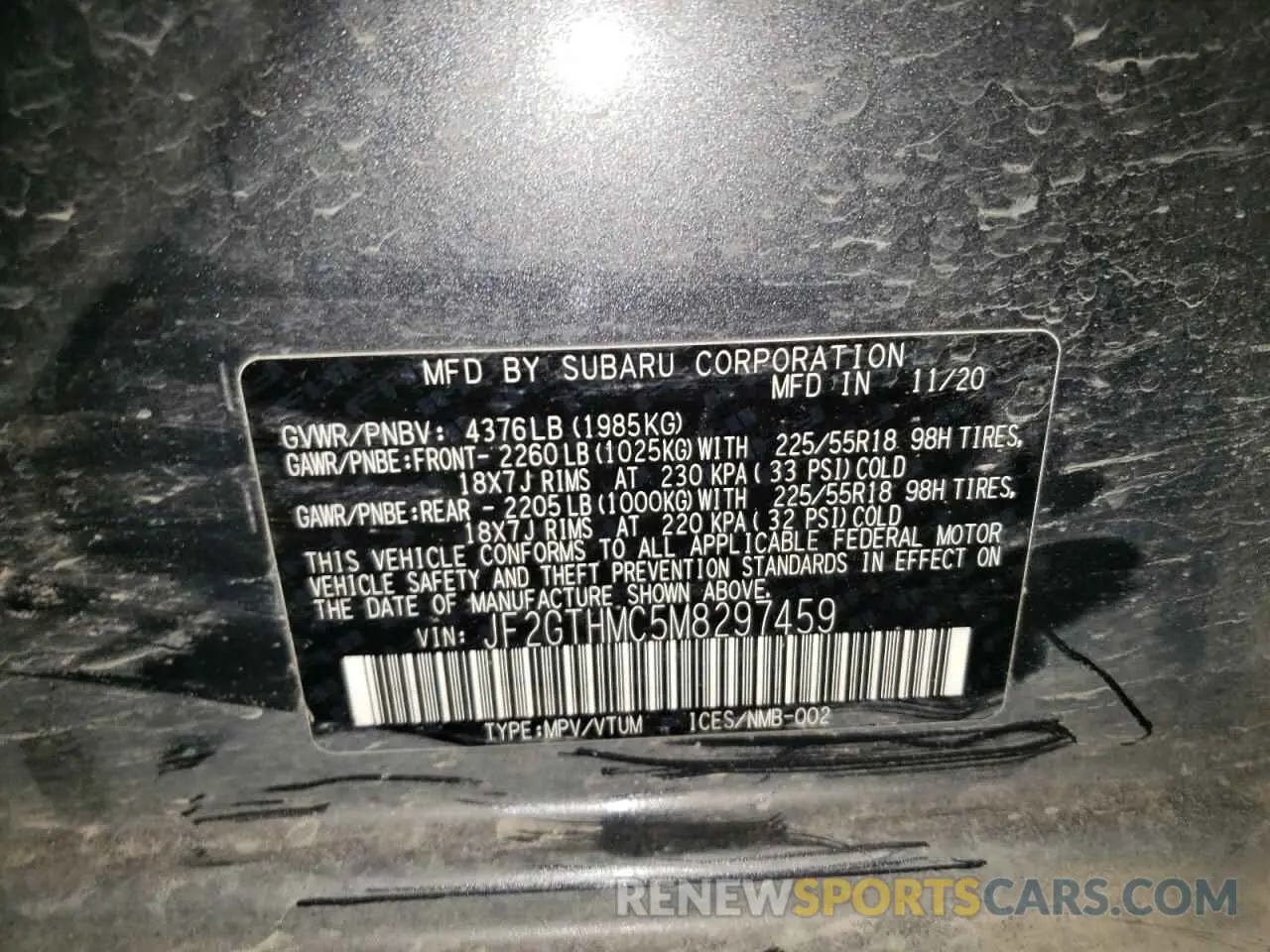 12 fotografías del automóvil dañado JF2GTHMC5M8297459 SUBARU CROSSTREK 2021