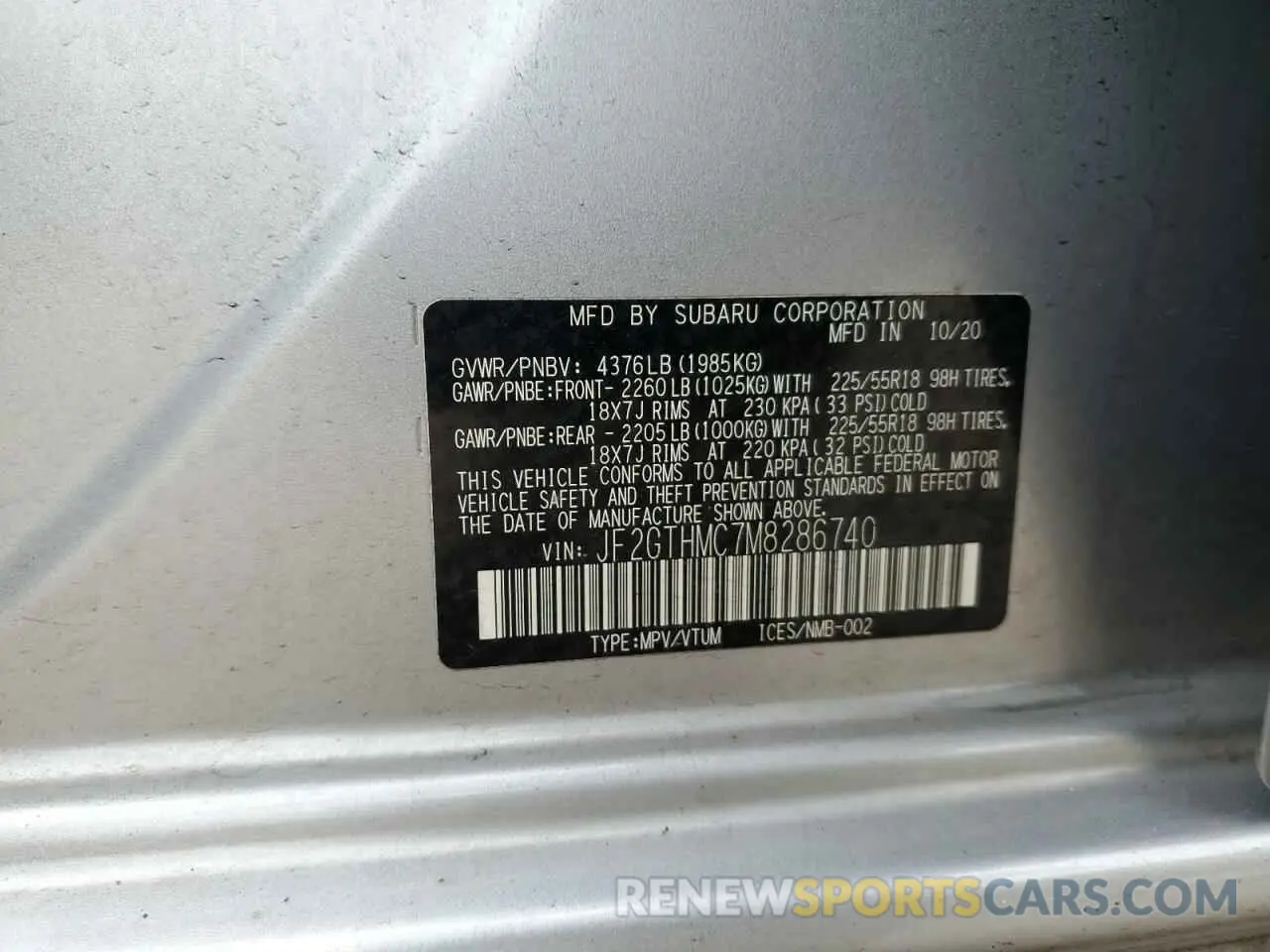 14 fotografías del automóvil dañado JF2GTHMC7M8286740 SUBARU CROSSTREK 2021