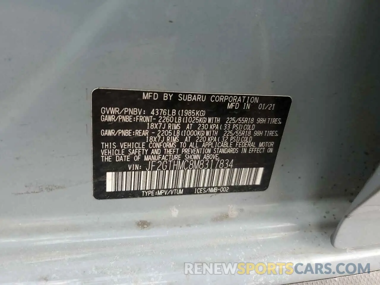 15 fotografías del automóvil dañado JF2GTHMC8M8317834 SUBARU CROSSTREK 2021