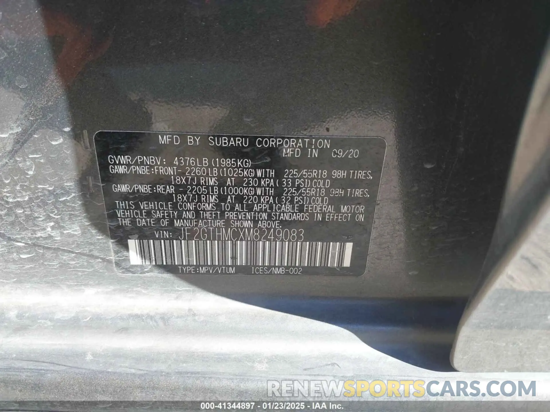 9 fotografías del automóvil dañado JF2GTHMCXM8249083 SUBARU CROSSTREK 2021