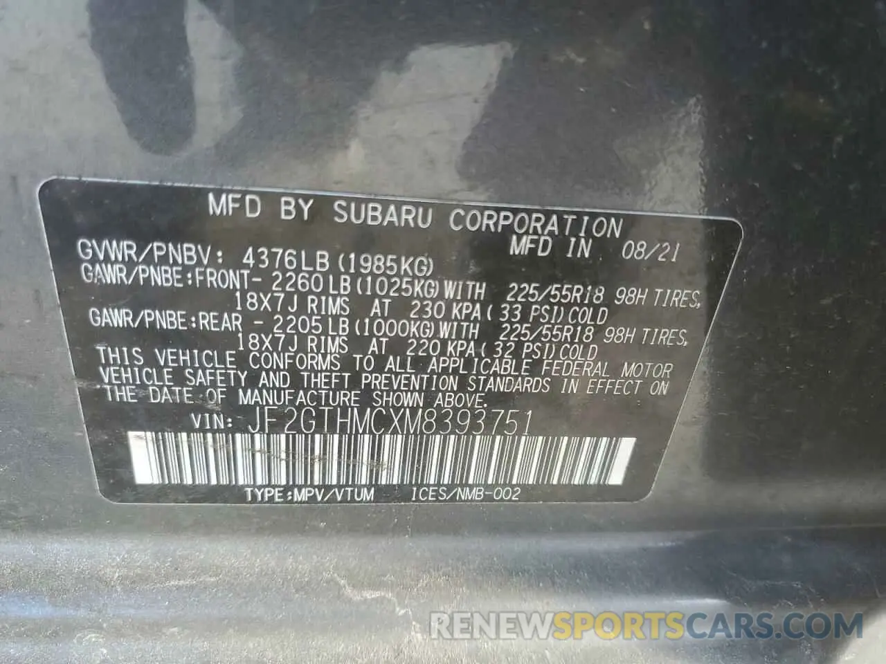 13 fotografías del automóvil dañado JF2GTHMCXM8393751 SUBARU CROSSTREK 2021