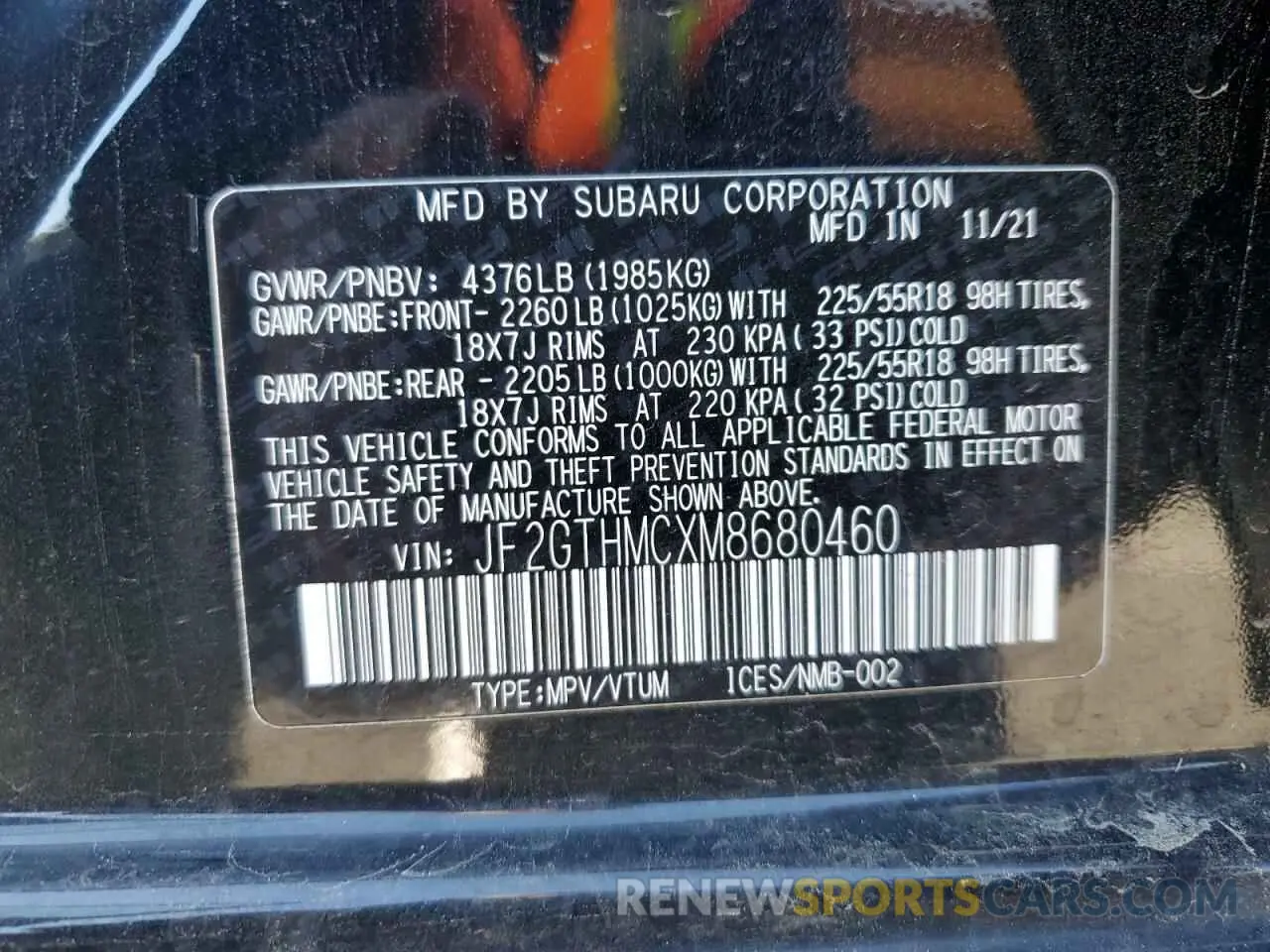 13 fotografías del automóvil dañado JF2GTHMCXM8680460 SUBARU CROSSTREK 2021