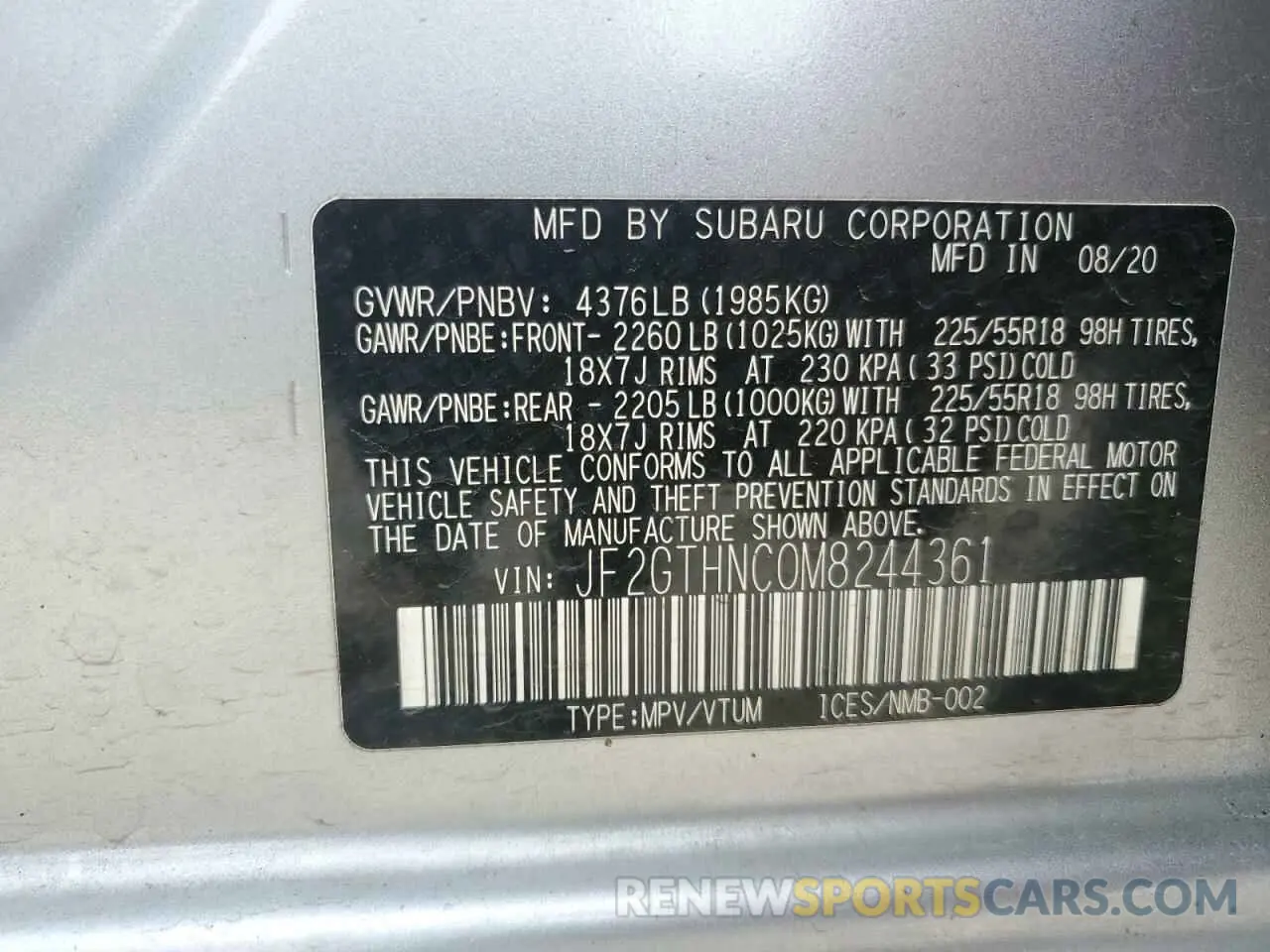 14 fotografías del automóvil dañado JF2GTHNC0M8244361 SUBARU CROSSTREK 2021
