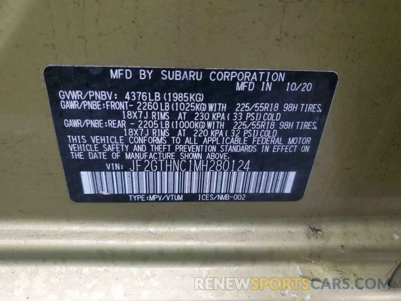 12 fotografías del automóvil dañado JF2GTHNC1MH280124 SUBARU CROSSTREK 2021