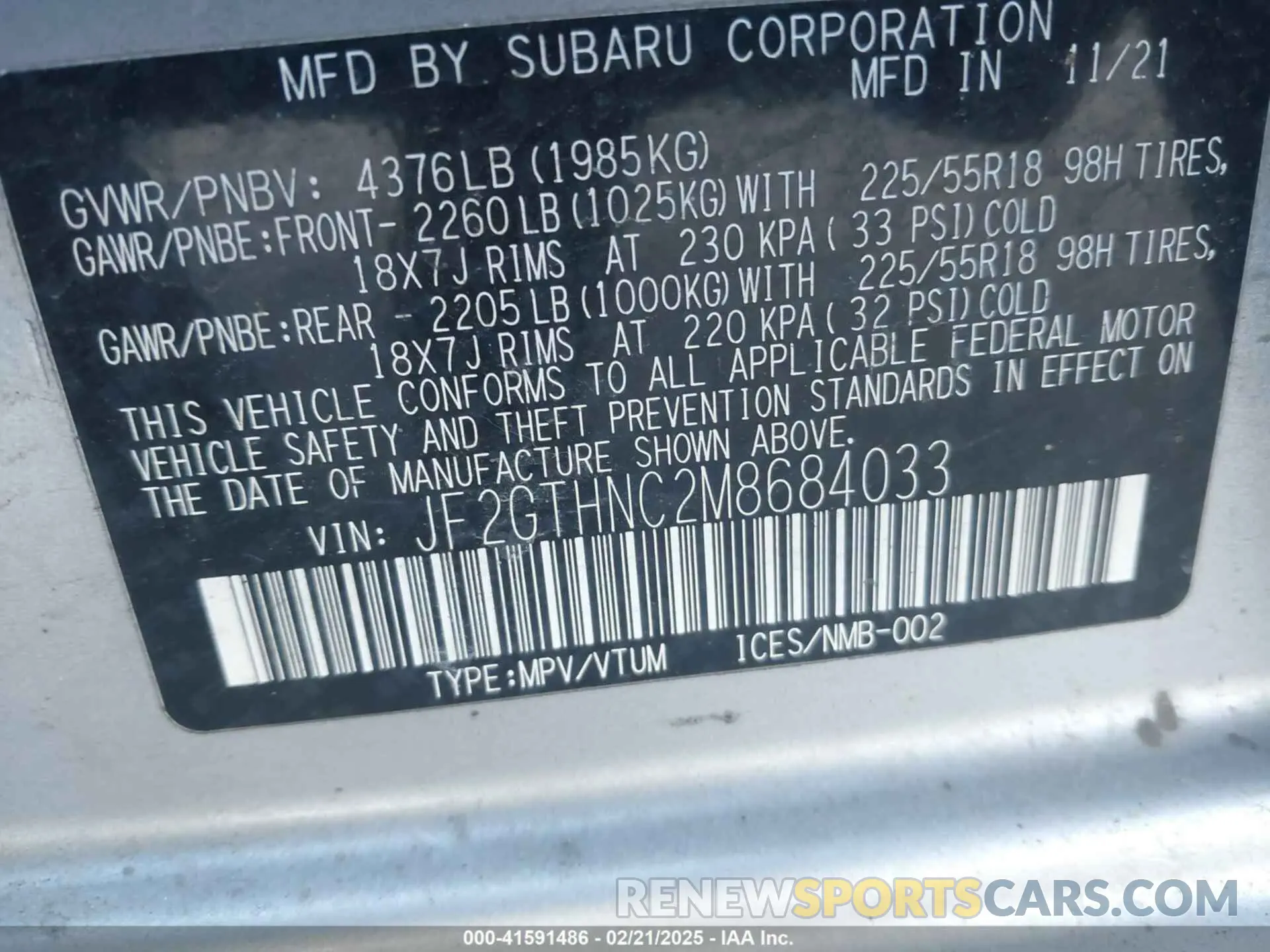 9 fotografías del automóvil dañado JF2GTHNC2M8684033 SUBARU CROSSTREK 2021