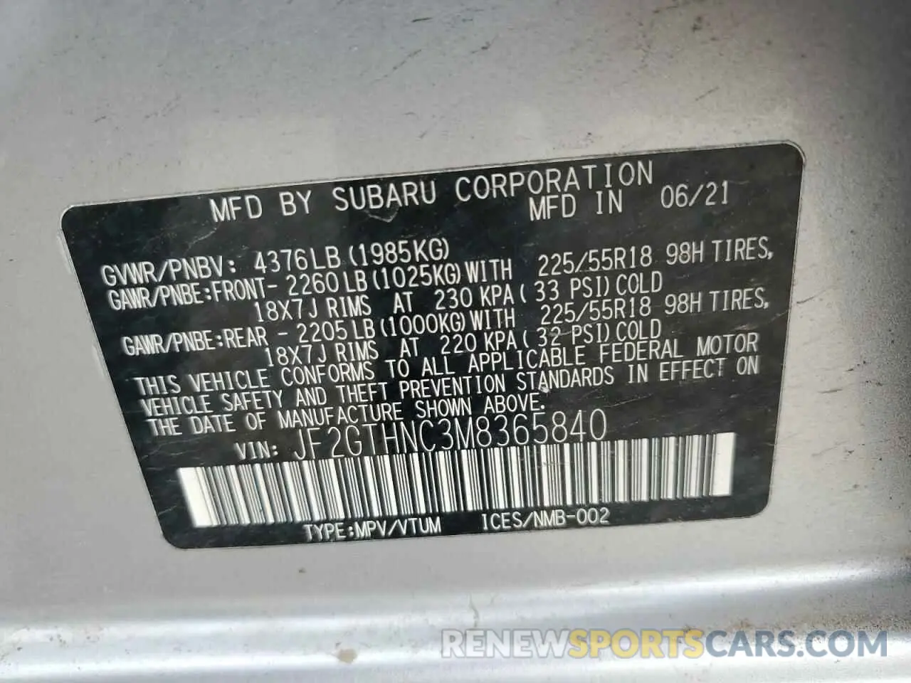 13 fotografías del automóvil dañado JF2GTHNC3M8365840 SUBARU CROSSTREK 2021