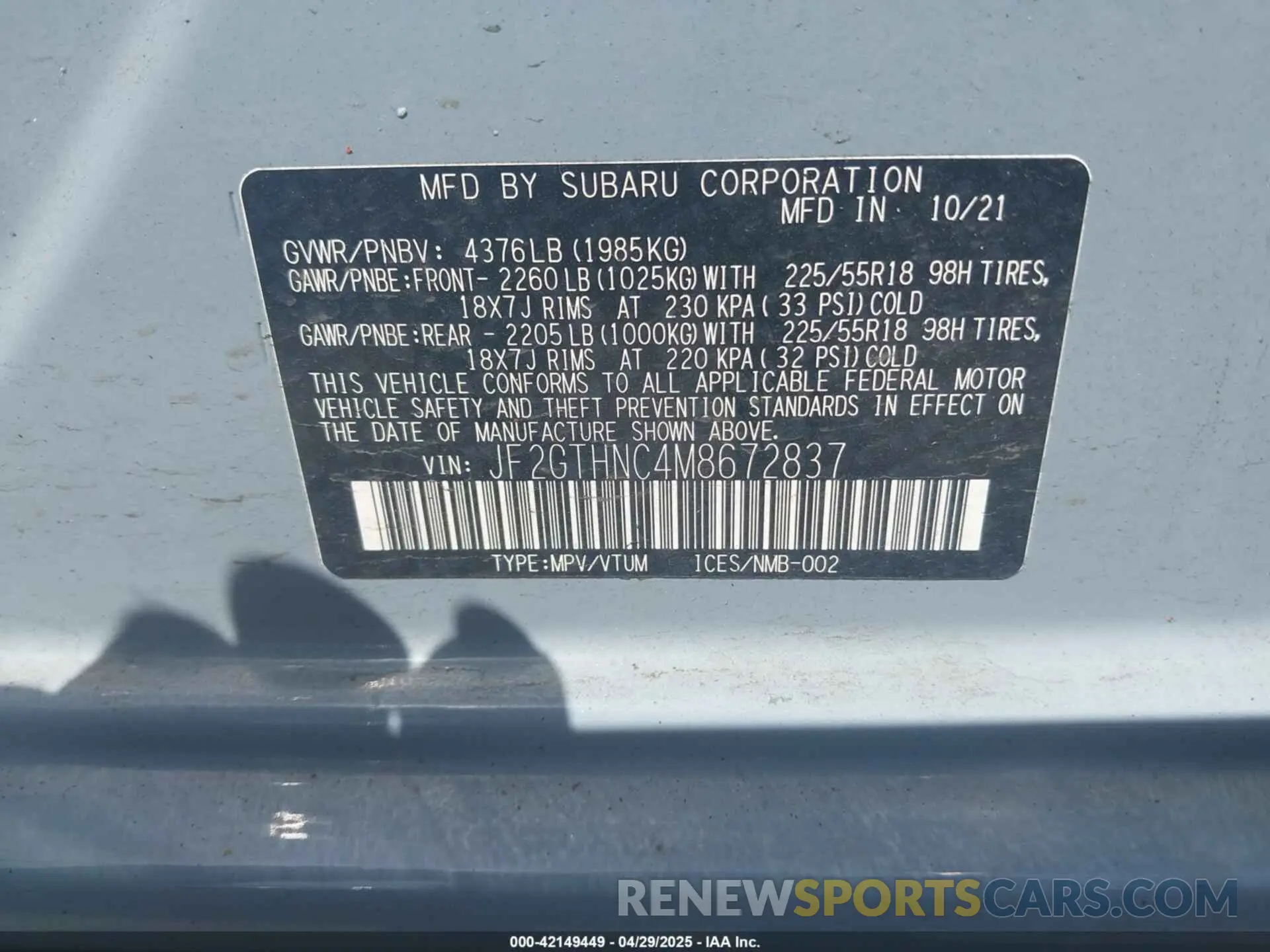 9 fotografías del automóvil dañado JF2GTHNC4M8672837 SUBARU CROSSTREK 2021