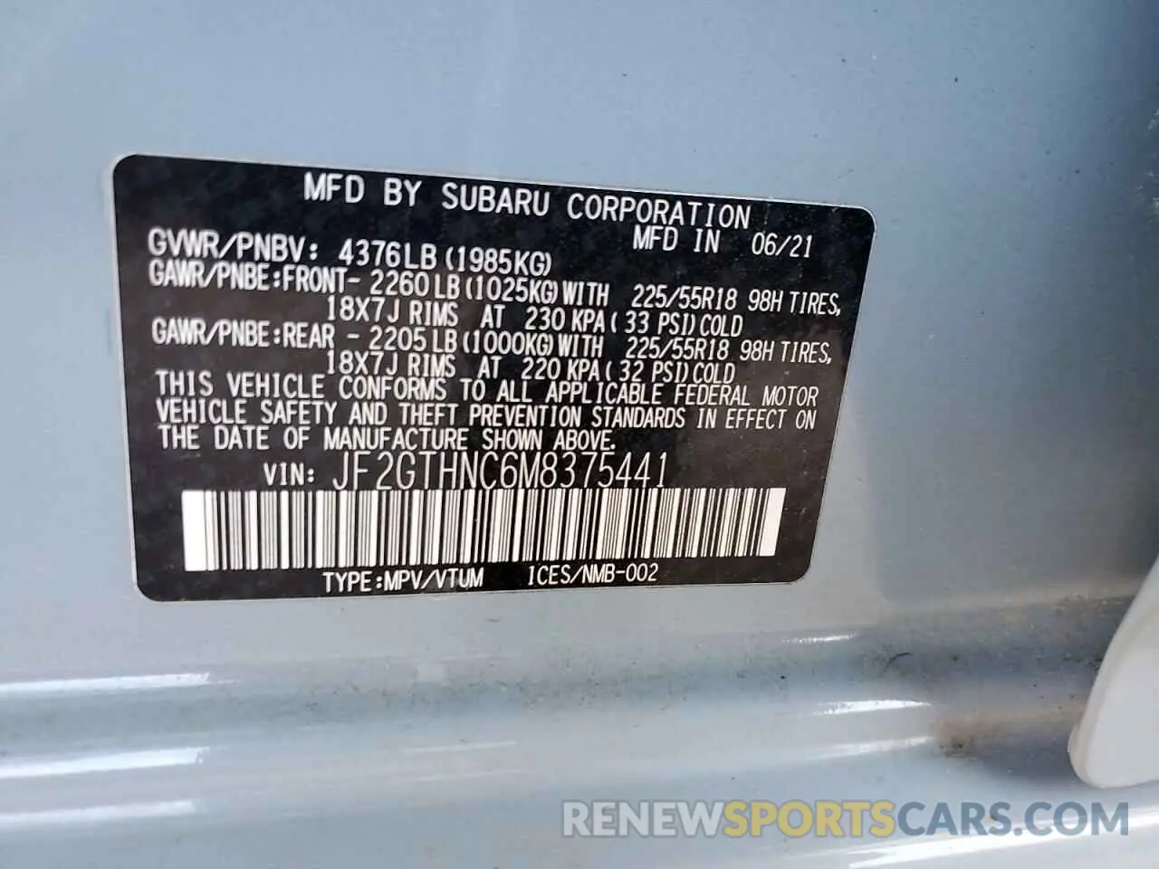12 fotografías del automóvil dañado JF2GTHNC6M8375441 SUBARU CROSSTREK 2021