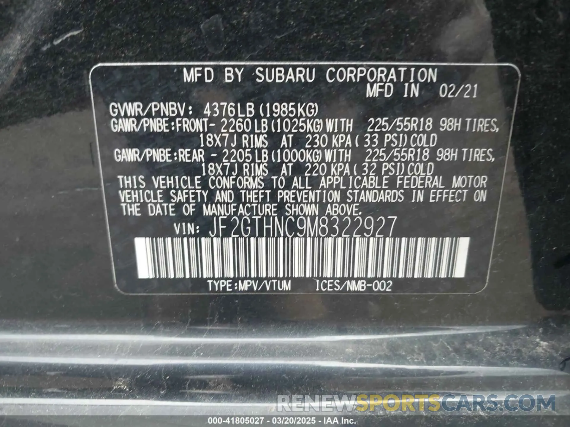 9 fotografías del automóvil dañado JF2GTHNC9M8322927 SUBARU CROSSTREK 2021
