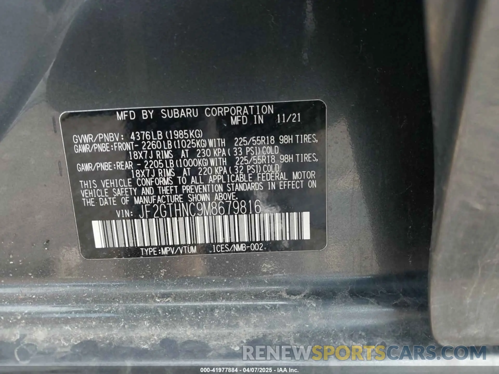 9 fotografías del automóvil dañado JF2GTHNC9M8679816 SUBARU CROSSTREK 2021