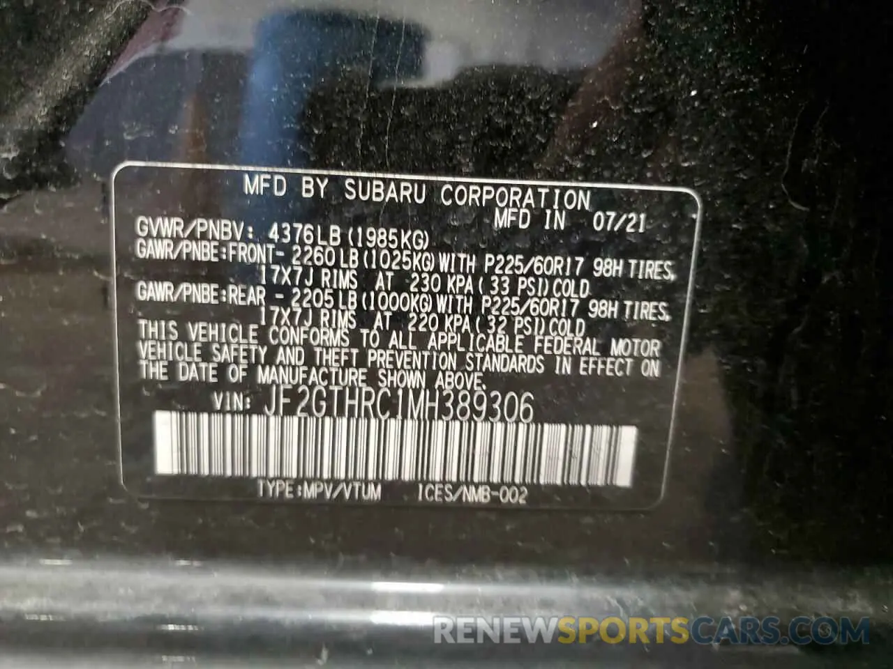 12 fotografías del automóvil dañado JF2GTHRC1MH389306 SUBARU CROSSTREK 2021