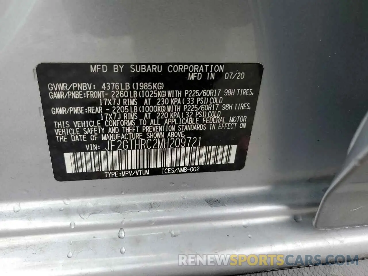 12 fotografías del automóvil dañado JF2GTHRC2MH209721 SUBARU CROSSTREK 2021