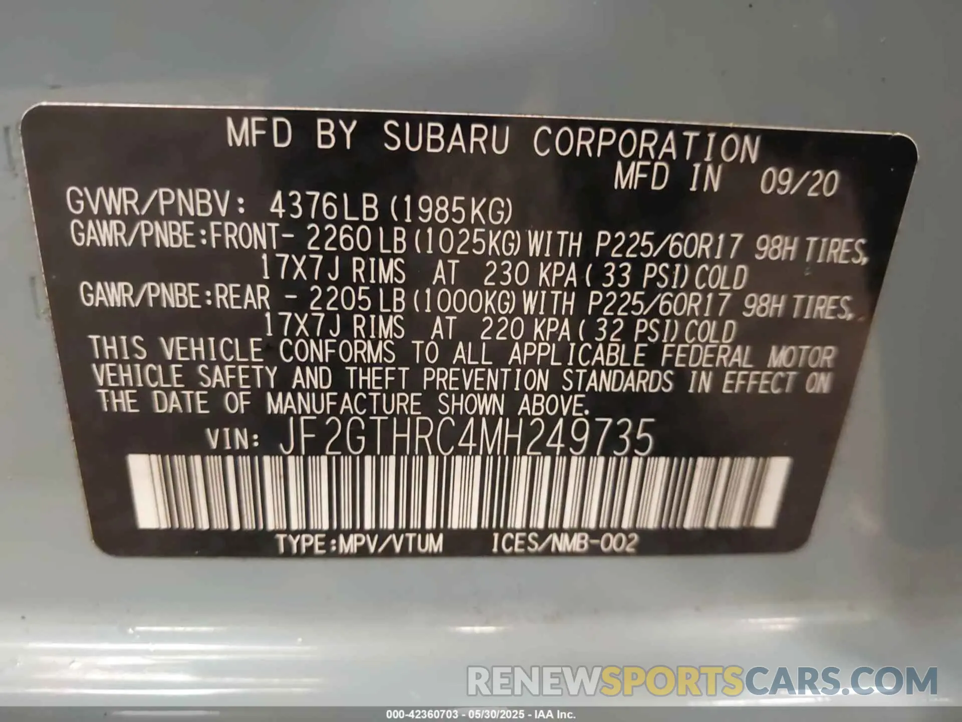 9 fotografías del automóvil dañado JF2GTHRC4MH249735 SUBARU CROSSTREK 2021