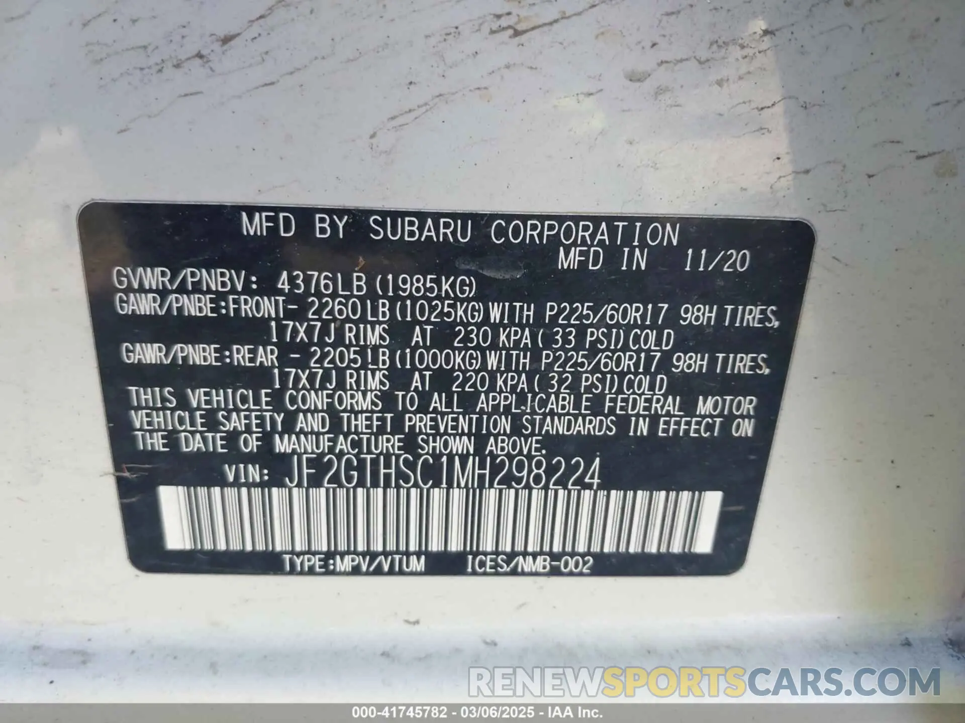 9 fotografías del automóvil dañado JF2GTHSC1MH298224 SUBARU CROSSTREK 2021