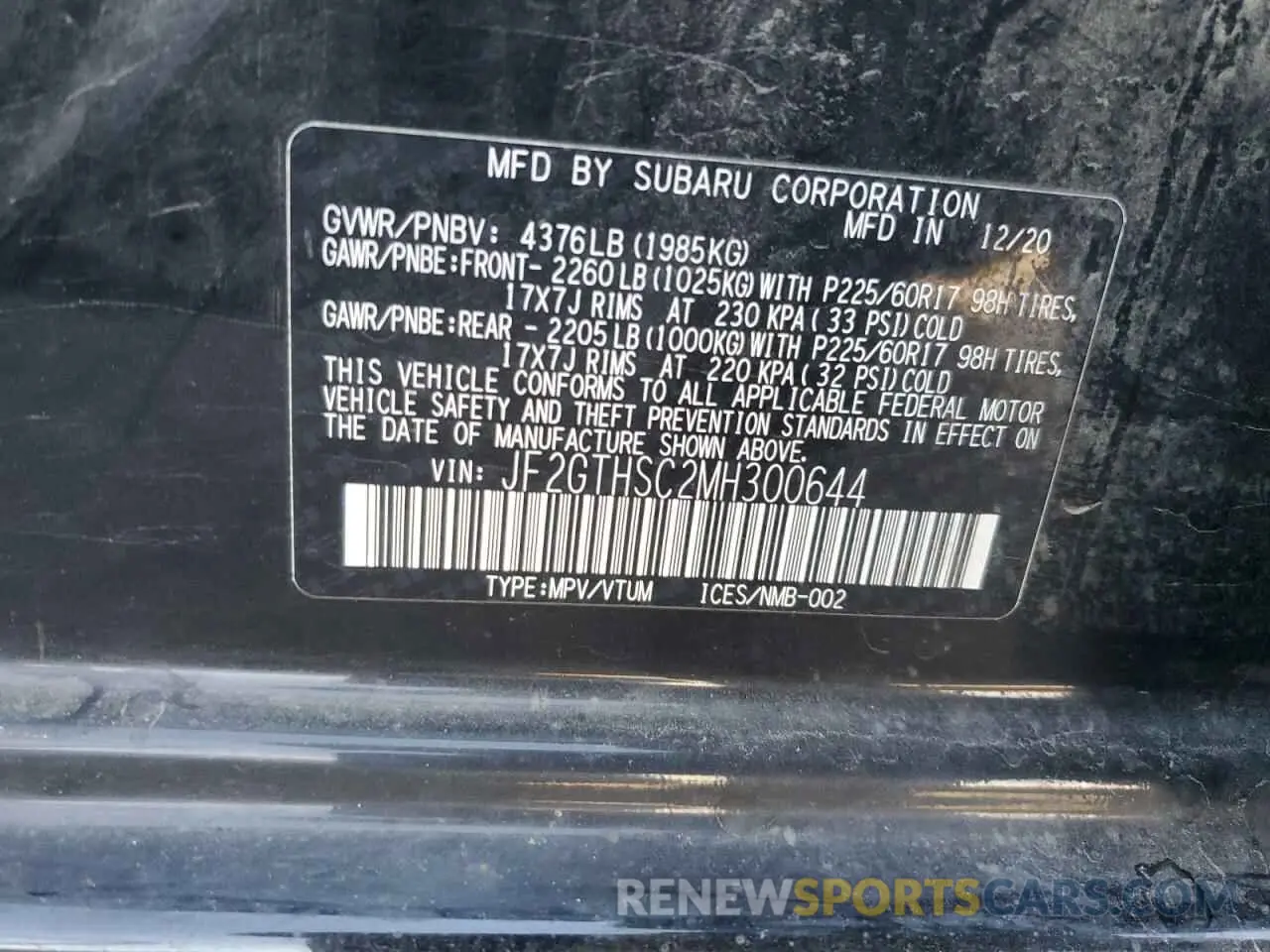 14 fotografías del automóvil dañado JF2GTHSC2MH300644 SUBARU CROSSTREK 2021