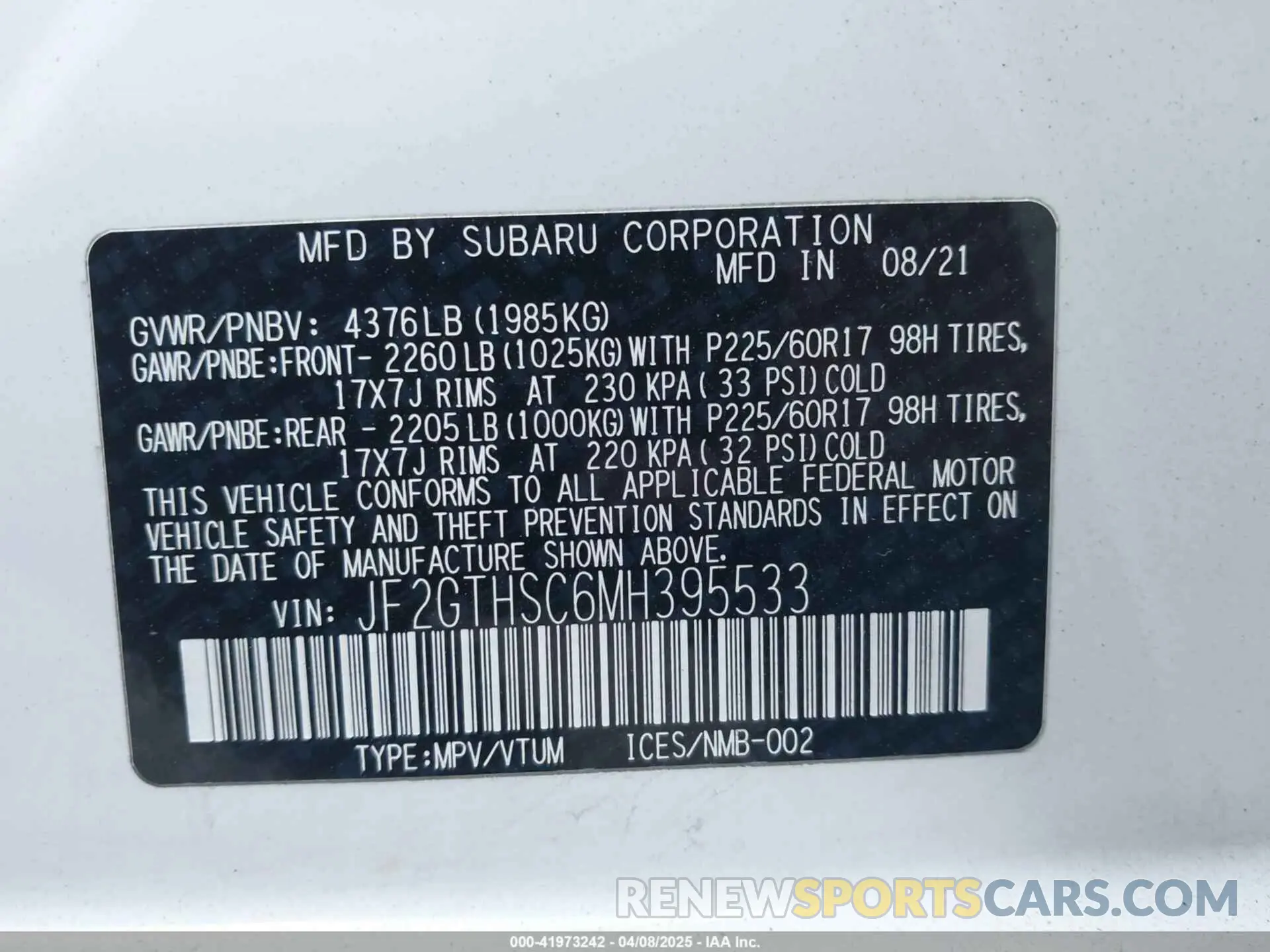 9 fotografías del automóvil dañado JF2GTHSC6MH395533 SUBARU CROSSTREK 2021