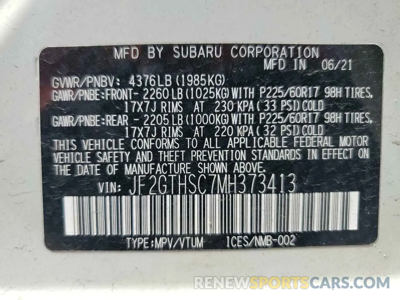14 fotografías del automóvil dañado JF2GTHSC7MH373413 SUBARU CROSSTREK 2021
