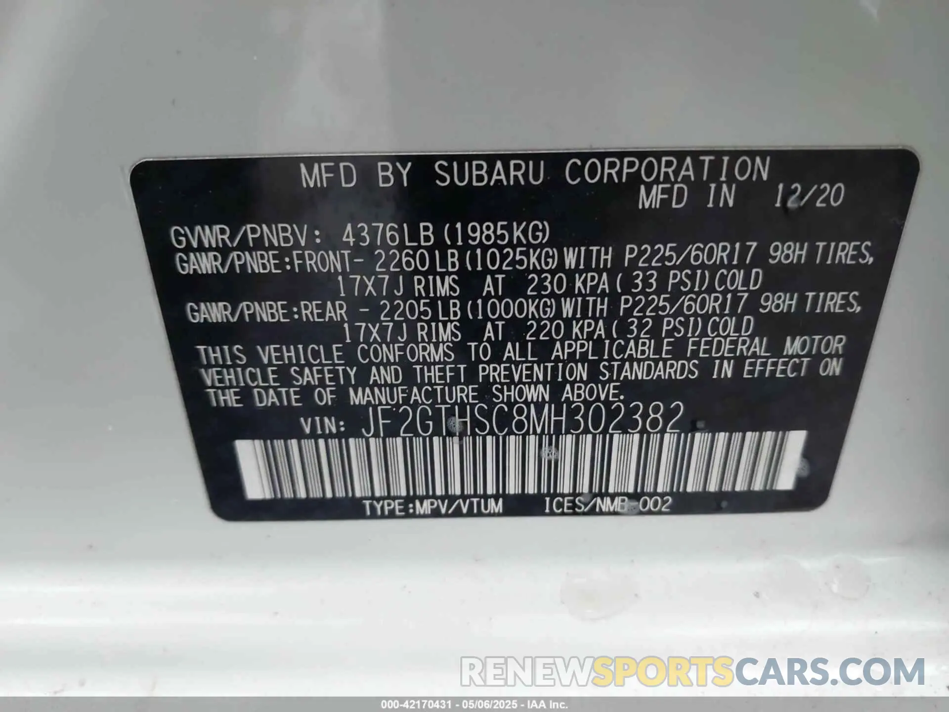 9 fotografías del automóvil dañado JF2GTHSC8MH302382 SUBARU CROSSTREK 2021